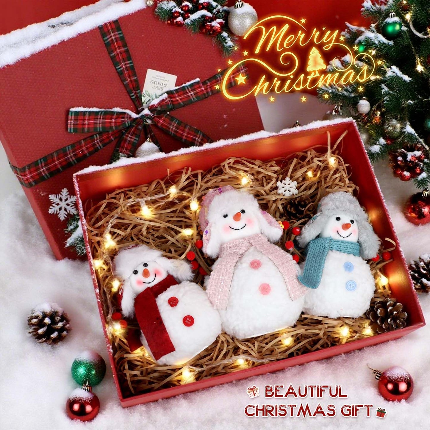 Yonsya Set of 3 Christmas Snowmen Plush Decorations, Xmas Farmhouse Tiered Tray Tree Christmas Decor Collectible Figurines - Home Tabletop Elf Ornaments (3, Snowmen)