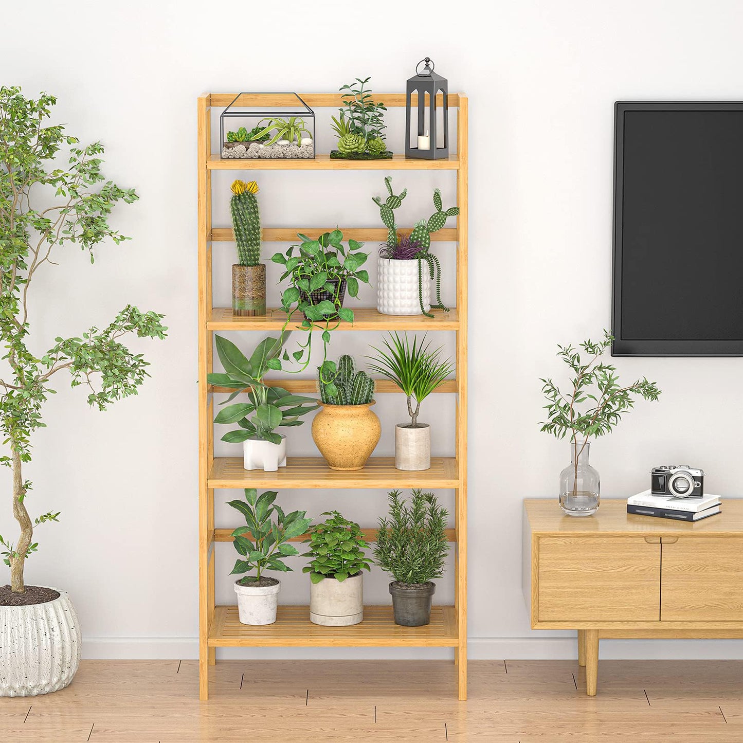 Homykic Ladder Shelf, 4-Tier Bamboo Ladder Bookshelf Small Bookcase, 49” Tall Open Display Shelves Wood Plant Stand Storage Rack for Living Room, Bathroom, Bedroom, Home Office