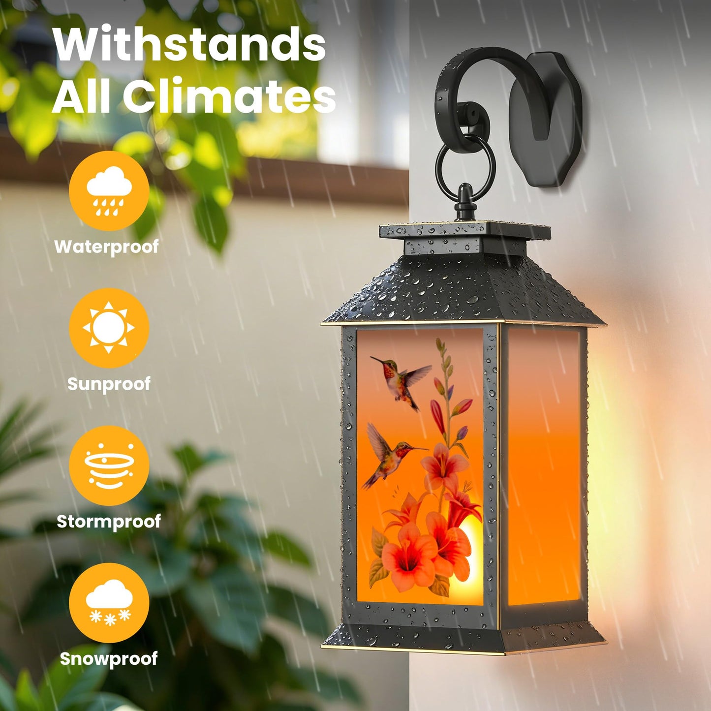 2 Pack Hanging Solar Lanterns, Hummingbird Flame Lantern, Outdoor Waterproof Upgraded Solar and 2 AA Batteries Powered, for Outside Porch, Patio and Indoor Tables, Mantelpiece.