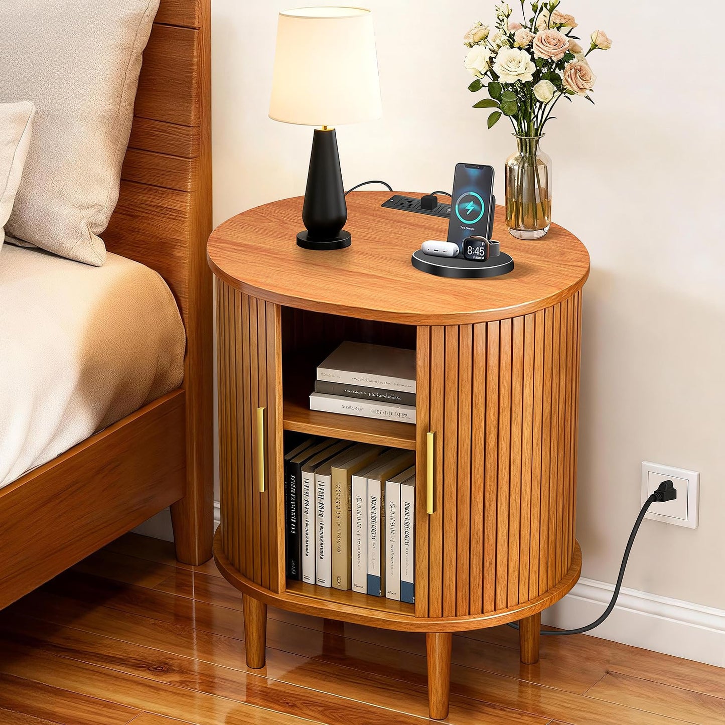 DHH Mid Century Modern Nightstand with Charging Station, Fluted Accent Side Table with Sliding Door & Adjustable Shelf, End Table for Small Space, Living Room, Bedroom,Sofa Couch(1, Yellow)