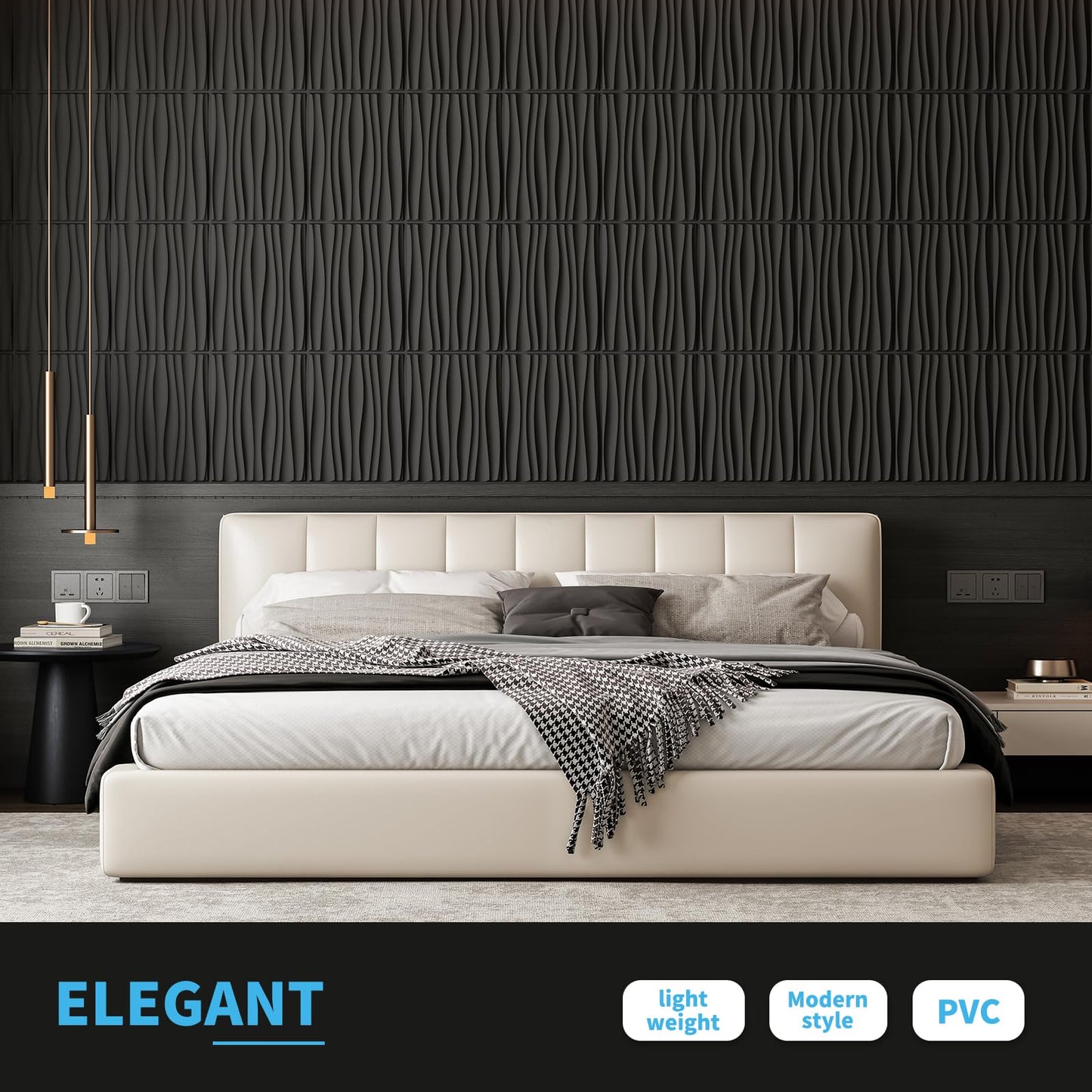 Art3d 24-Pack 3D Wall Panels for Interior Home Décor, PVC Wavy Textured Accent Wall Paneling for Living Room Bedroom TV Backdrop Office, 15.7 x 11.8 Inch - Black