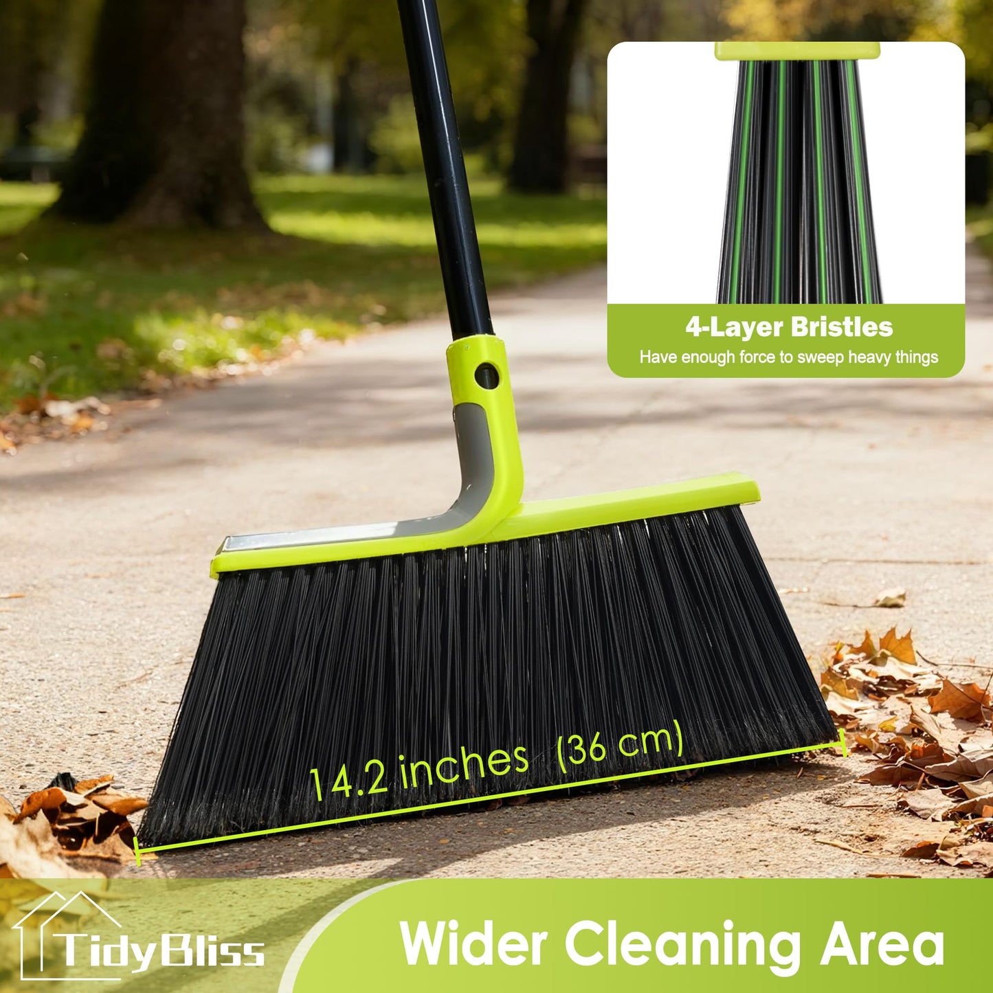 TidyBliss Outdoor Broom Heavy Duty, 56 inches Tall Commercial Soft Bristle Angle Brush for Sweeping Outside Patio Garden Porch Deck Shop Restaurant Garage House Lobby Hardwood Floors (Green)
