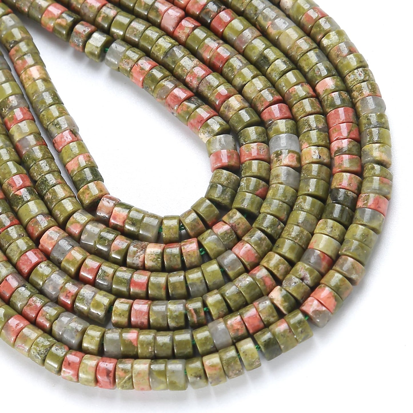 150pcs 2x4mm Natural Unakite Green Stone Tube Shape Beads Loose Flat Round Cylinder Flat Spacer Green Stone Beads for Bracelet Earrings Jewelry Making