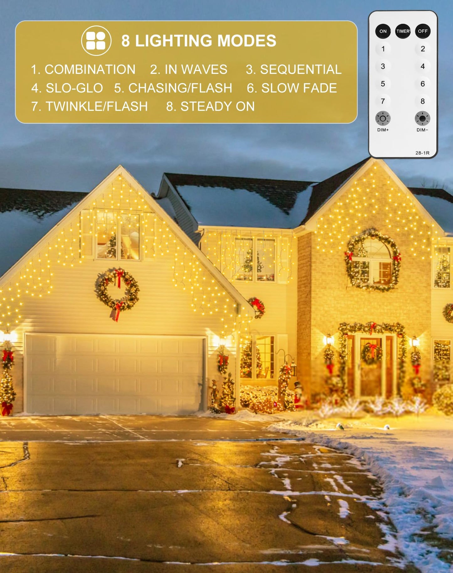 GOHDLAMP Christmas Icicle Lights Outside 624 LED 59FT Warm White, 96 Drops 2700K Icicle Christmas Lights with Remote/8 Modes/Timer, IP44 Waterproof for Roof Gutter Wedding Holiday Decorations