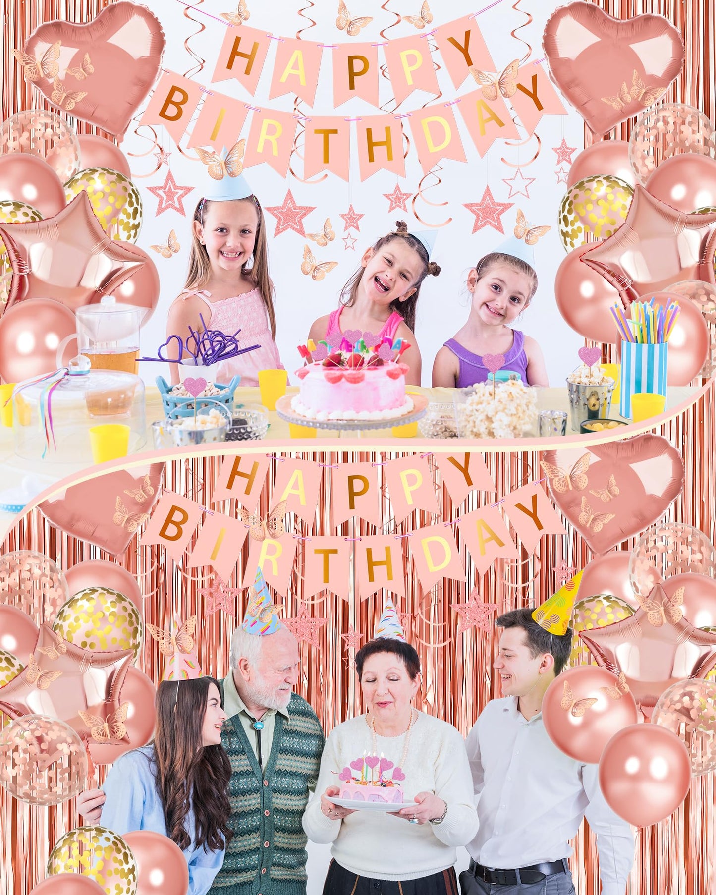 Lutoys Rose Gold Happy Birthday Party Decorations, Happy Birthday Banner, Rose Gold Foil Heart Star Confetti Balloons Curtain Backdrop Hanging Swirls Party Decor for Girls Women Princess