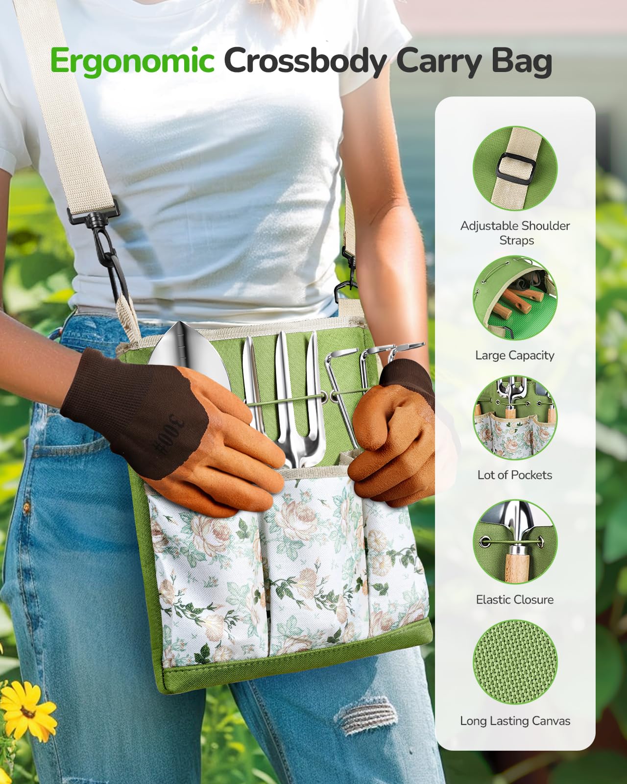 Grenebo All-in-One Garden Tool Set, 11-Piece Heavy Duty Gardening Tools with Ergonomic Canvas Shoulder Crossbody Bag, Rust-Proof Premium Garden Tool Kit, Gardening Gift for Women Men, Green, GR003