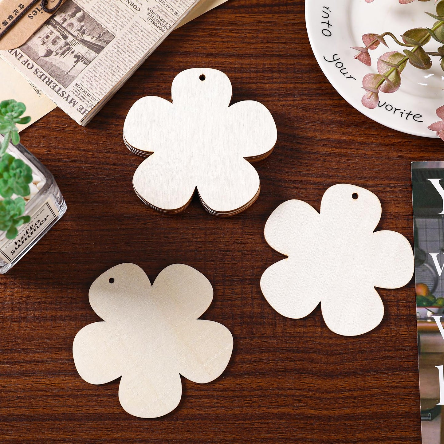 50 PCS Wooden Flowers for Crafts, Flower Shape DIY Blanks Unfinished Wood Crafts to Paint, Wooden Ornaments for Crafts Hanging, Unfinished Wood Cutouts for Christmas Tree Decorations, 3.4 * 3.5 inch