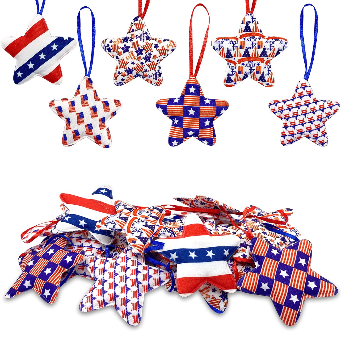 Deloky 30 Pcs 4th of July Decoration Fabric Wrapped Stars, 3.5 x 6.1 Inch Patriotic Ornaments Red White and Blue Stars, Memorial Day Tree Decorations for Independence Day Veterans Day Decor