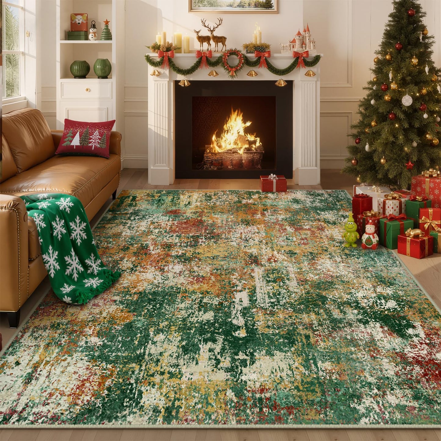 RELEANY Washable Area Rugs 5'x7' Non-Slip Modern Abstract Soft for Living Room Entryway Bedroom Nursery, Print Pattern, Green Orange Rust Red Cream Colorful