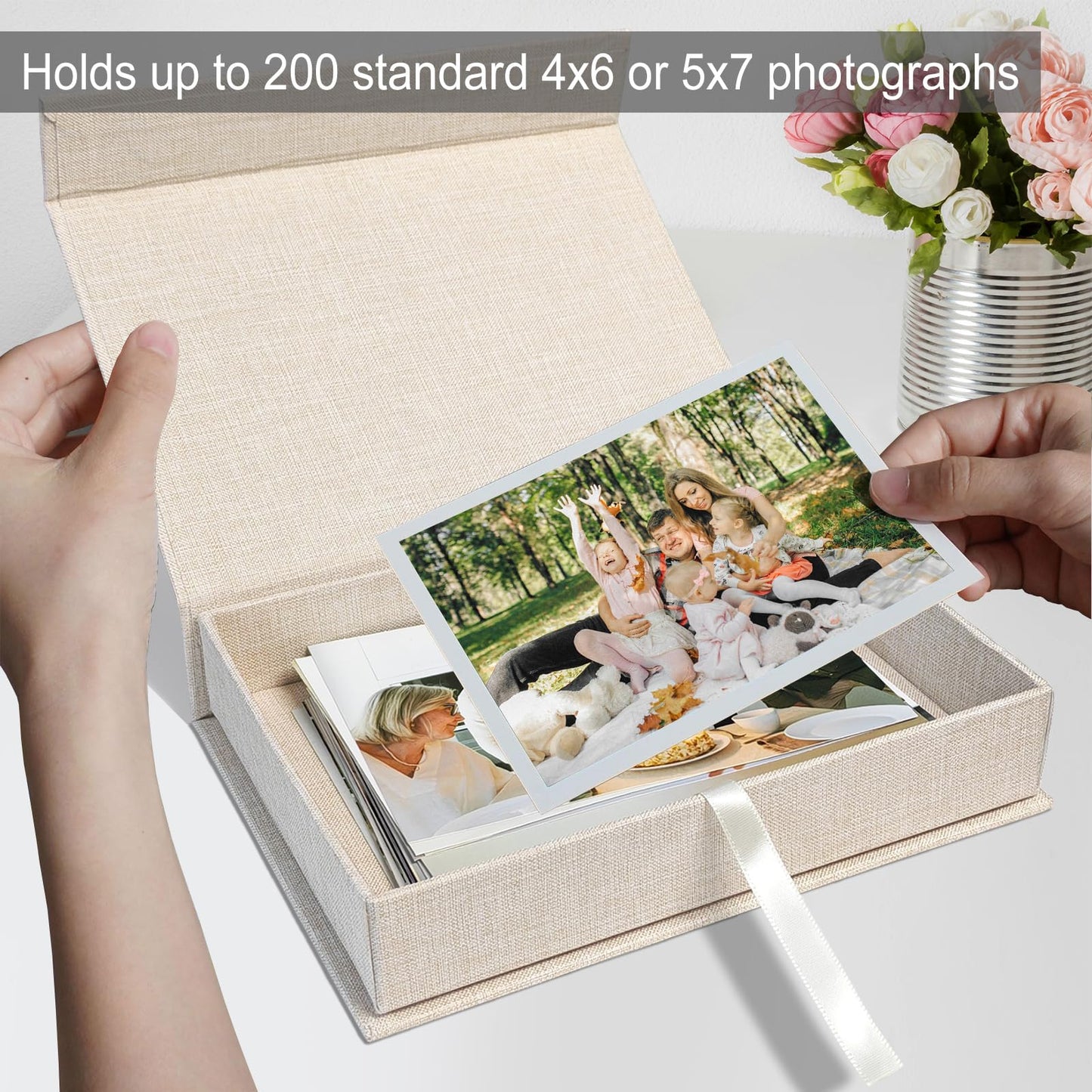 Sprsthai 5x7 Archival Photo Storage Box with Lid – Stackable Memory Keepsake Organizer for Photos, Certificates, Jewelry & Scrapbooking Supplies Beige