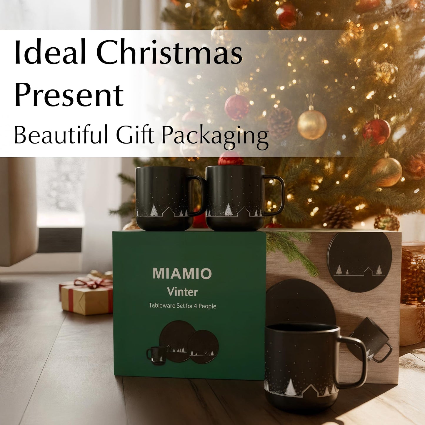 MIAMIO – Christmas Dinnerware Set 12-Piece/Christmas Plates Set with Mugs in minimalist holiday design (Service for 4) / Dishwasher and Microwave Safe – Vinter Collection