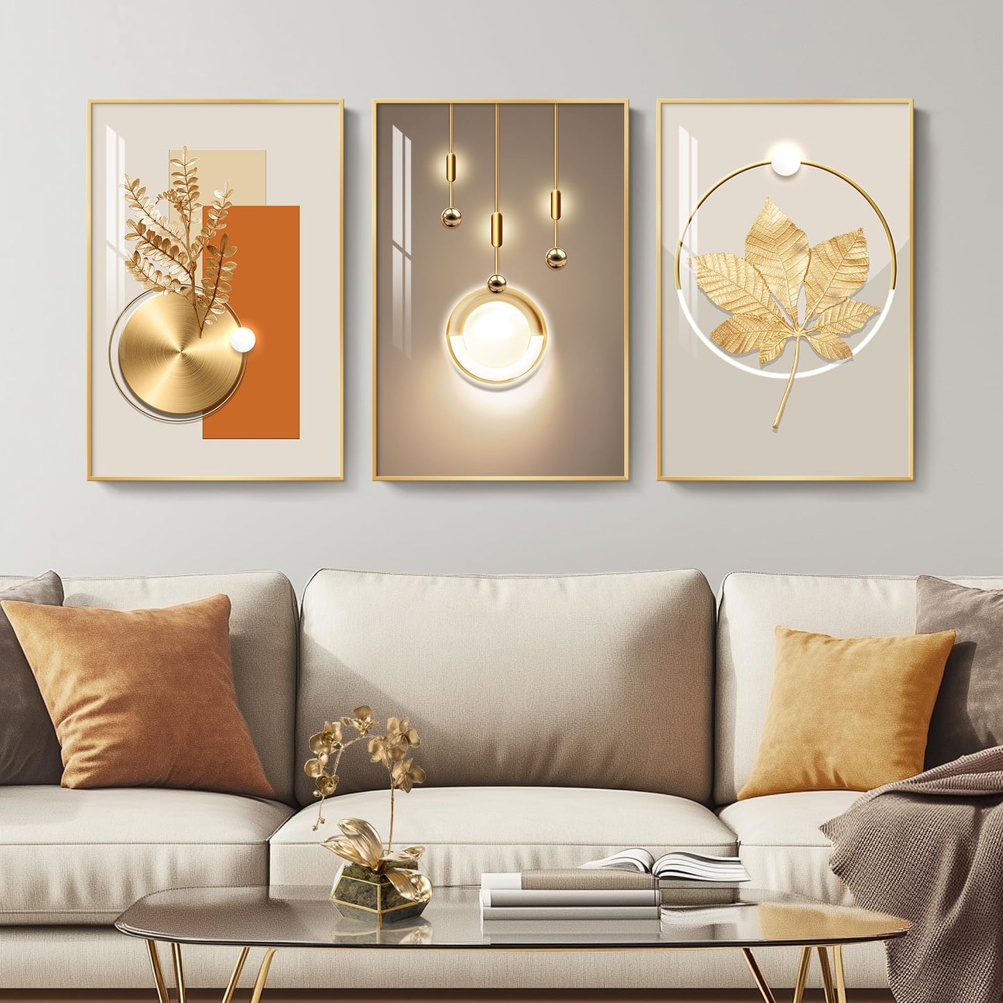 Framed Modern Luxury Gold Wall Art, Set of 3 Piece Contemporary Paintings Artwork for Walls, Golden Prints Pictures with Gold Frame, Wall Decor for Living Room, Hallway, Bedroom, Office 16x24 Inch