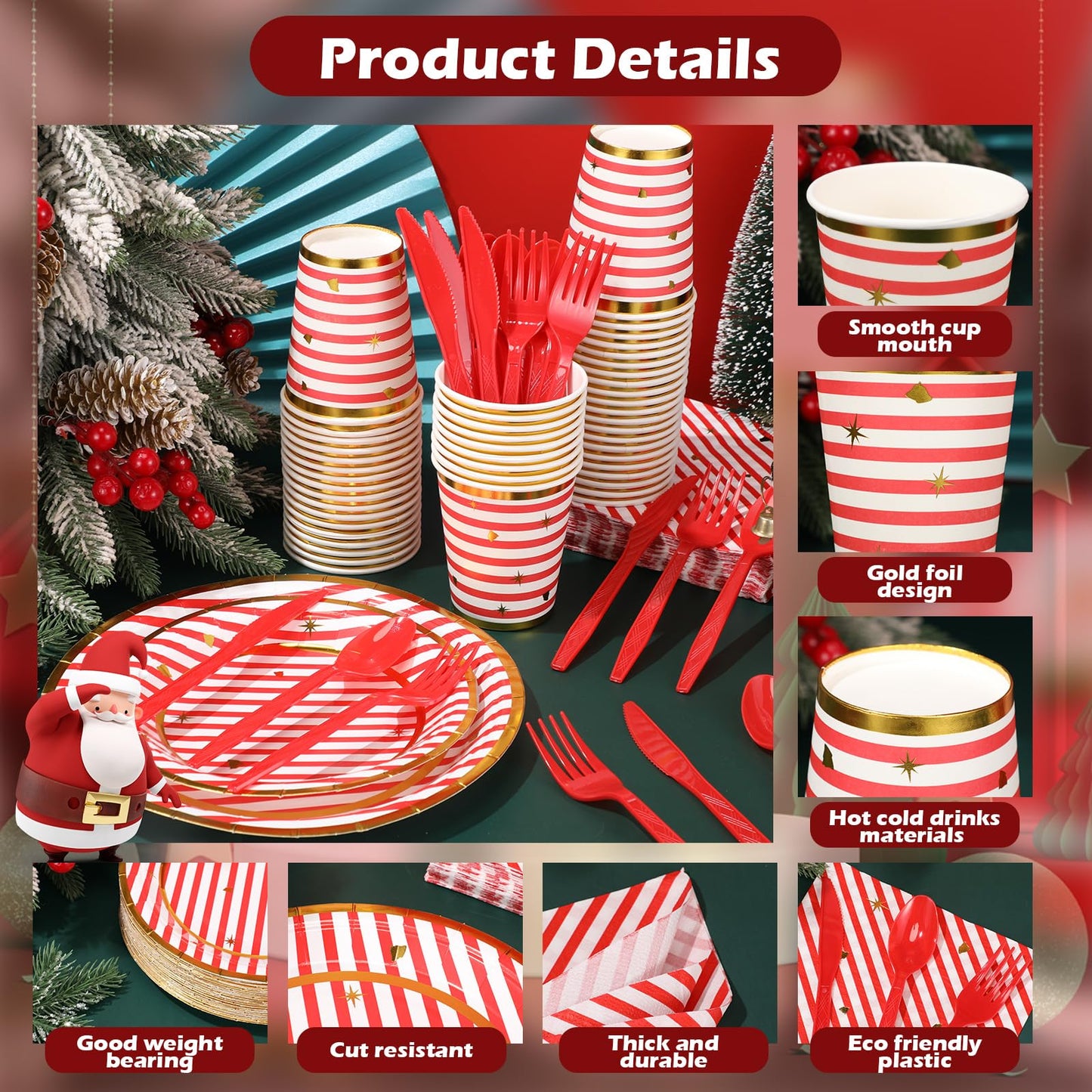 Maxcheck 350 Pcs Christmas Candy Cane Striped Party Plates Cups Napkins and Silverware Set for 50 Guests Disposable Paper Tableware Set Christmas Party Supplies and Table Decorations