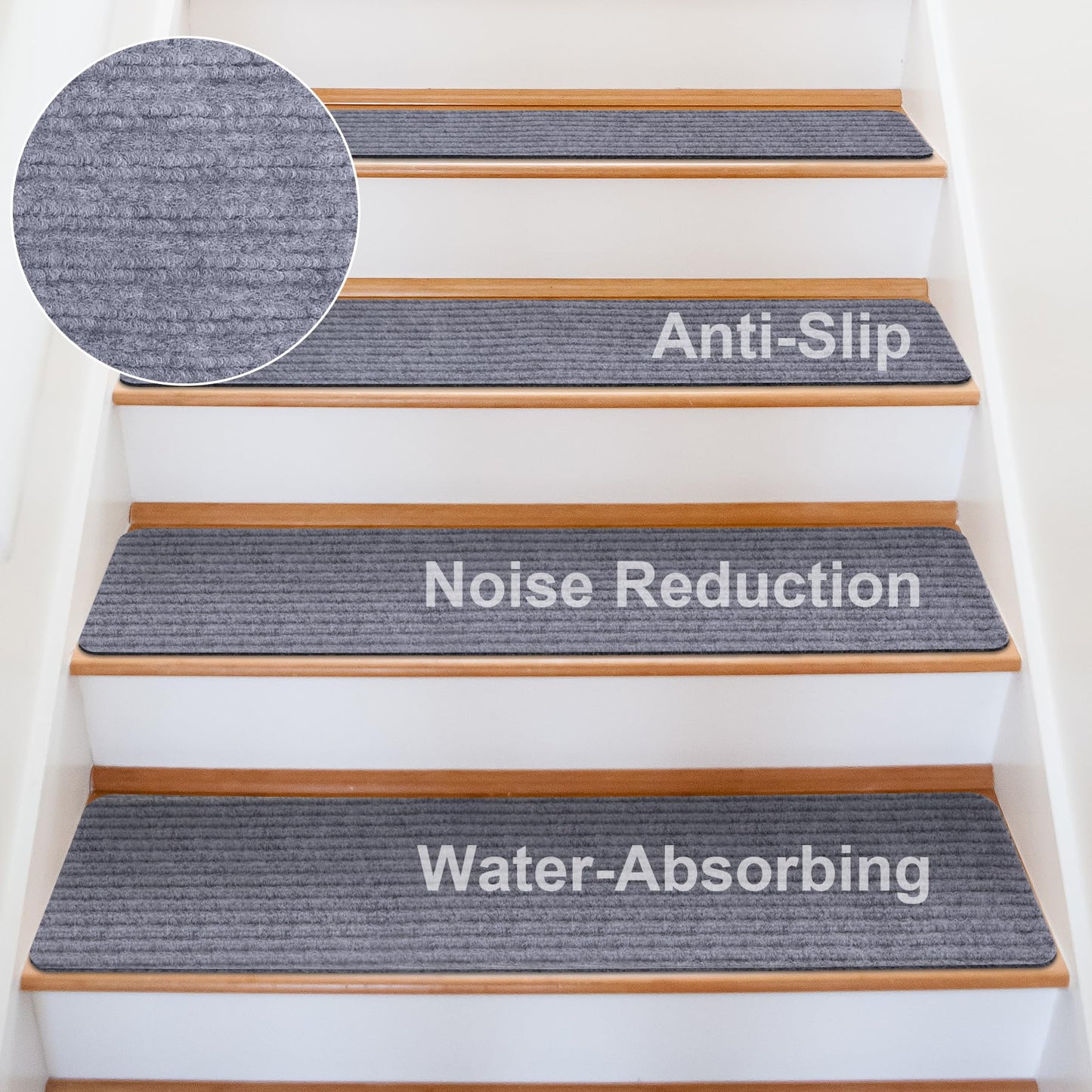 15 PCS Non Slip Stair Treads for Wooden Steps – 8"x30" Indoor Non Slip Stair Treads, Carpet Stair Mats with Self-Adhesive Backing, Removable & Machine Washable – Light Grey