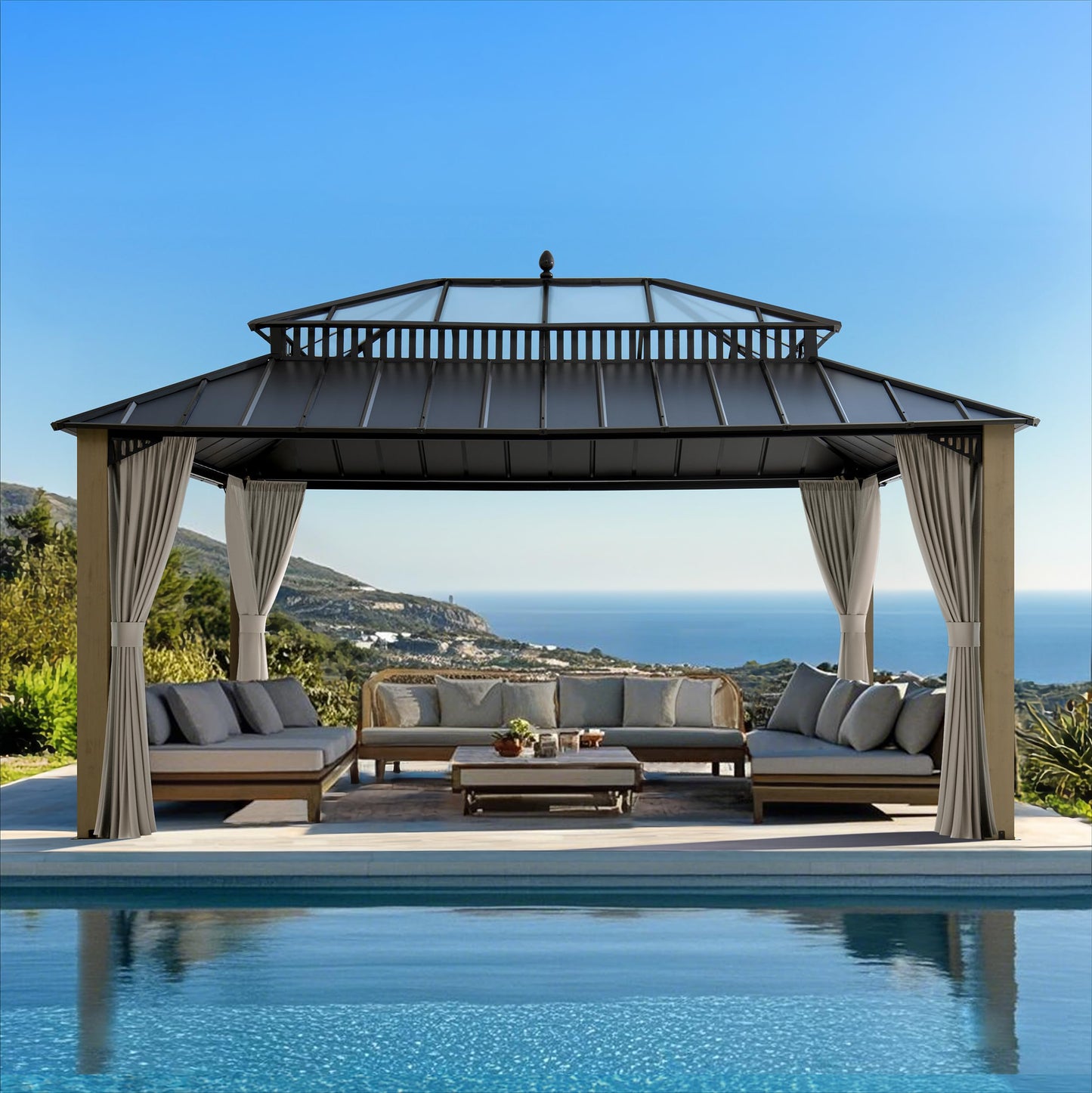 SUNJOY Kingston 16' x 12' Hardtop Wood Gazebo with Galvanized Steel/Polycarbonate Double Roof, Curtain and Netting, Cedar Posts Permanent Pavilion Gazebo for Garden, Patio, Deck, Lawn