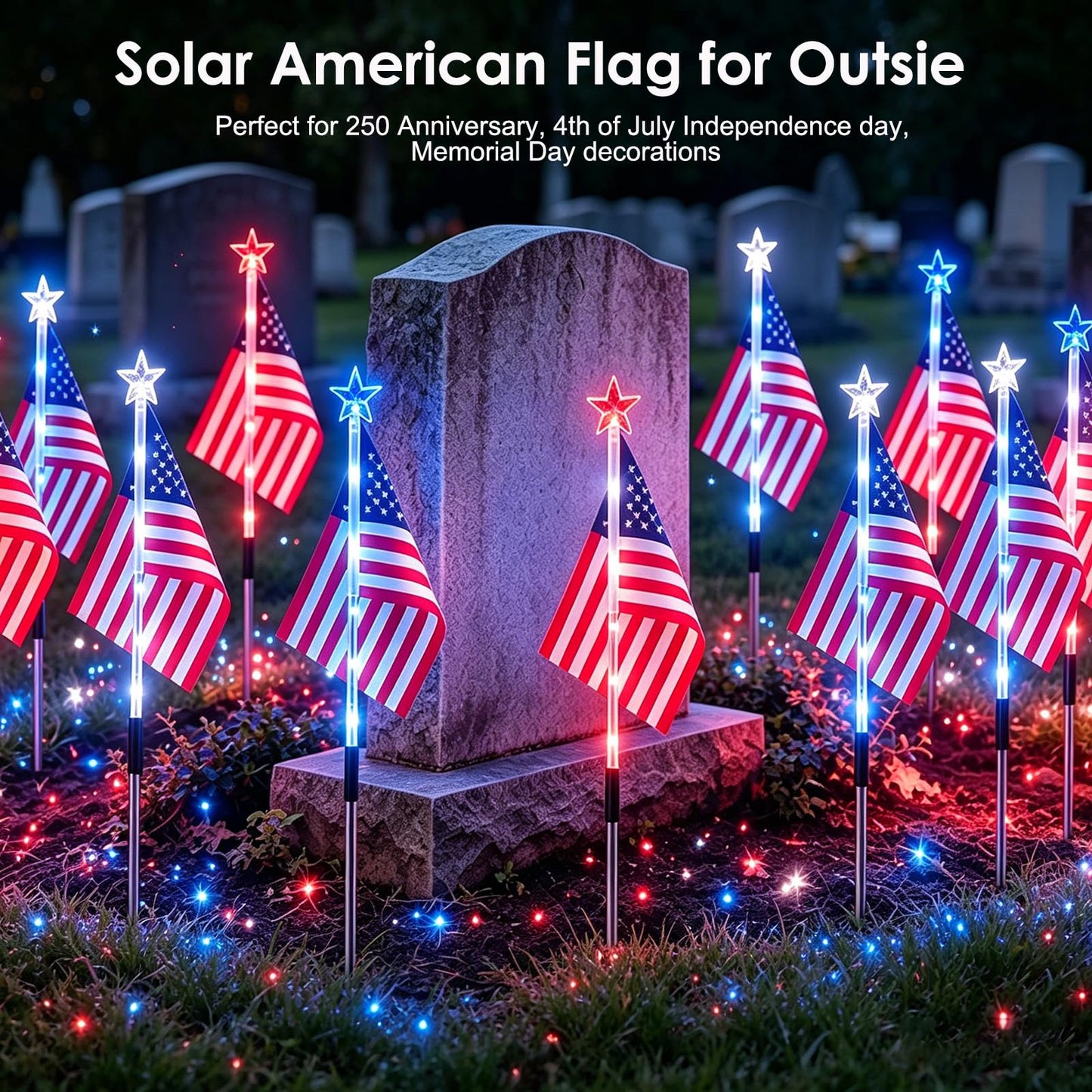 American Flag for Outside 4th of July Decorations, 9-Pack Solar Red White Blue Lights for Garden Yard Pathway, Waterproof Patriotic Decorations for 250th Anniversary, Memorial Day, Independence Day