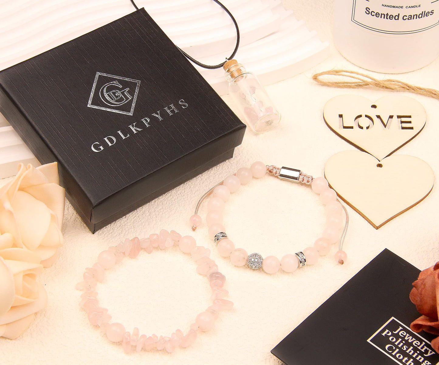 GDLKPYHS 2Pcs Rose Quartz Bracelet for Women - Crystals and Healing Stones Bead Bracelets Handmade Natural Gemstone Jewelry Unique Gifts for Women