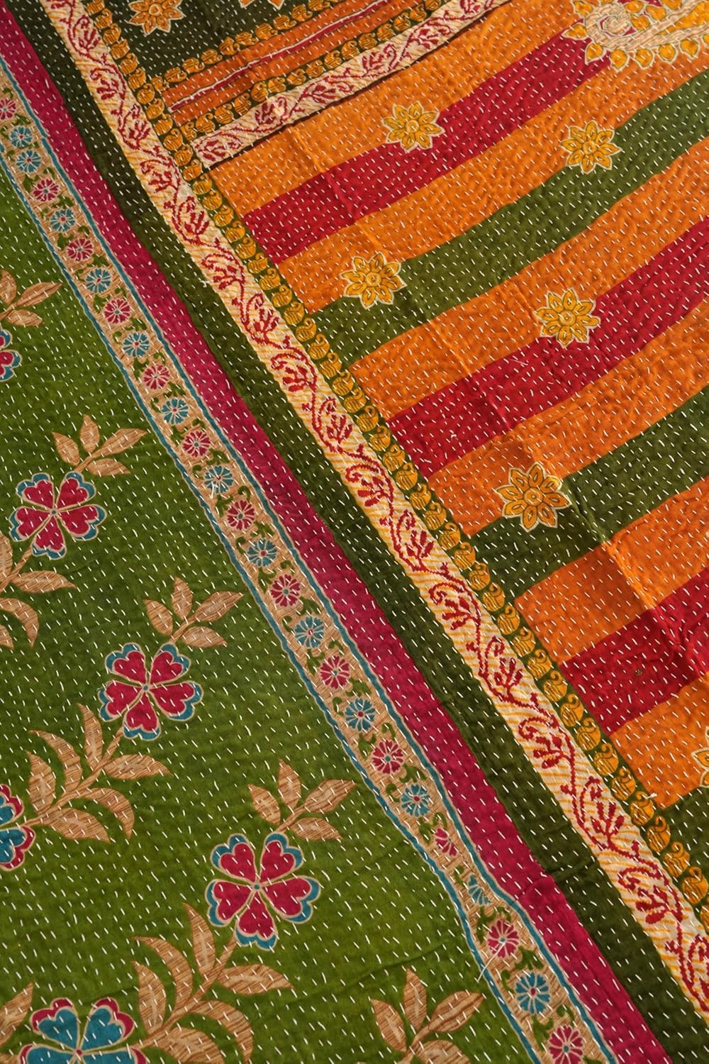 Handmade Cotton Vintage Kantha Quilt Boho Reversible one-of-a-Kind Kantha Throw Bedspread (Twin 90" x 60")