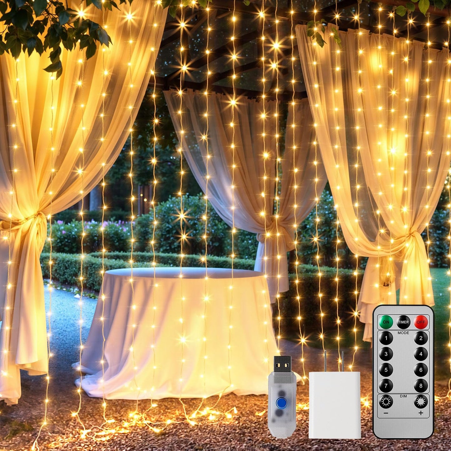 Brightown 300 LED Curtain Lights, 9.8 FT Plug in Fairy Lights for Bedroom, 8 Lighting Modes, Christmas String Lights for Window Wall Wedding Party Birthday Christmas Decorations, Warm White
