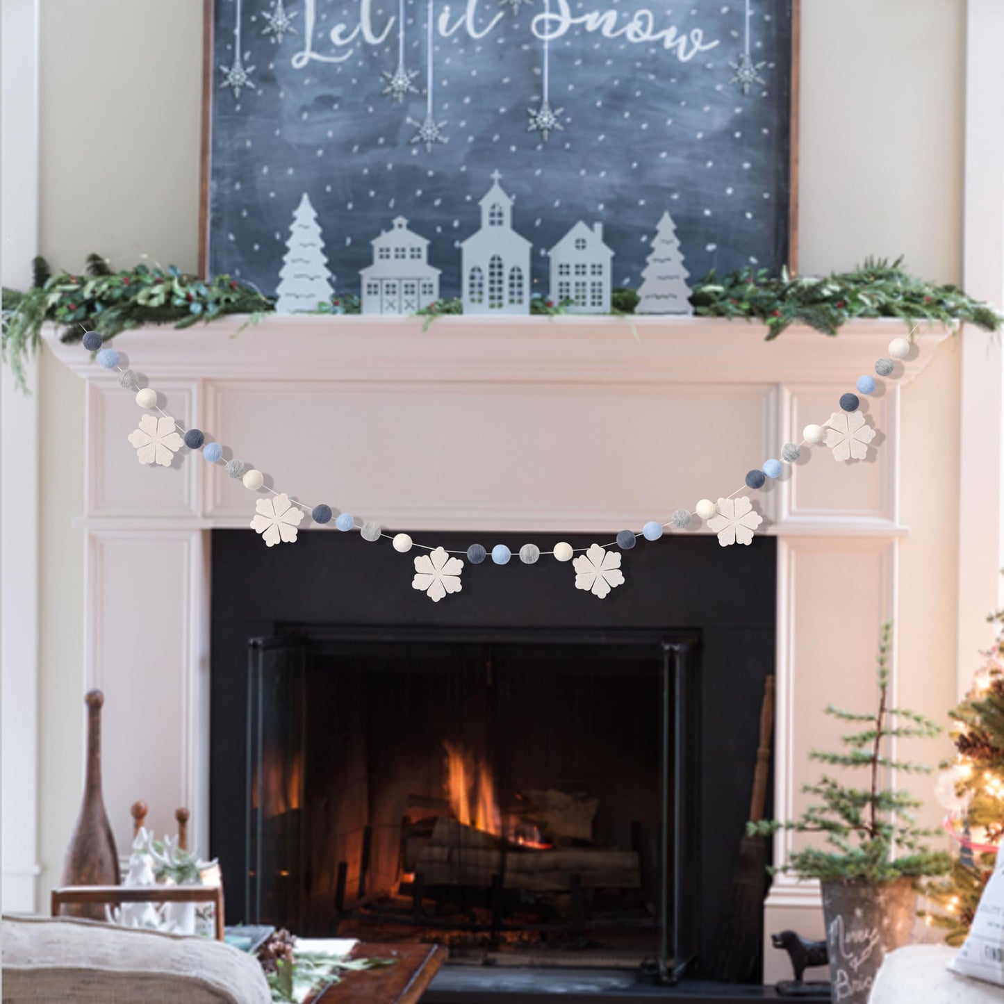 Felt Snowflake Garland - Snowflake Felt Ball Garland, Winter Wall Decor, Christmas Garland, Winter Wonderland Banner