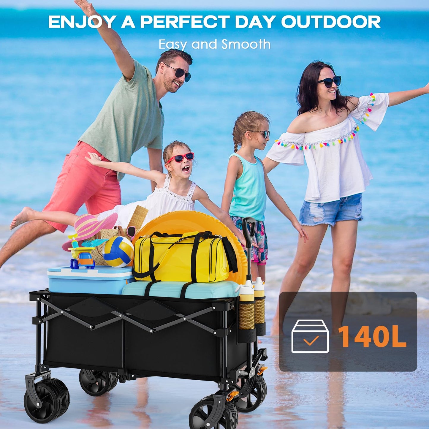 Uyittour Collapsible Wagon Cart Heavy Duty Foldable, Folding Beach Wagon with Big Wheels for Sand, Utility Grocery Cart with Side Pocket and Brakes for Camping Sports Outdoor Activities, Black