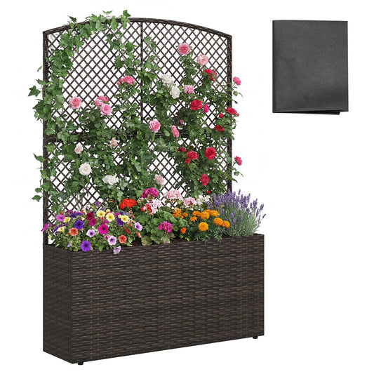 Happygrill Raised Garden Bed with Trellis, 58" Wicker Planter Box with Privacy Screen, Liner, Drainage for Patio Balcony, Outdoor PE Rattan Elevated Garden Bed for Climbing Plant Vine Flower (Brown,1)