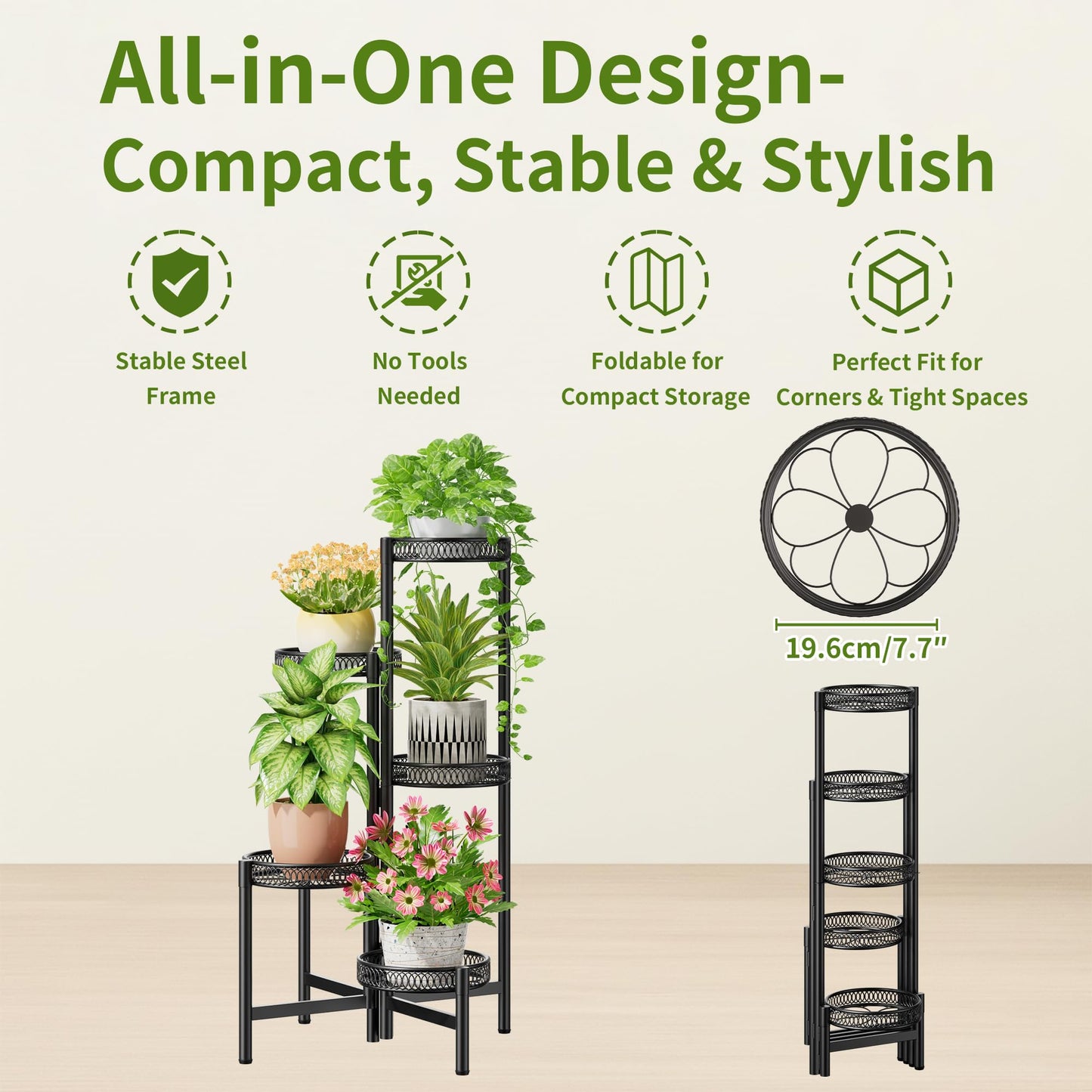NQW Plant Stand Indoor Outdoor, 5 Tier Corner Metal Flower Display Holder Stand, Folding Tall Plant Rack for Patio Balcony Porch Garden Living Room House, Heavy Duty Wrought Iron Plant Shelf - BlackFlower