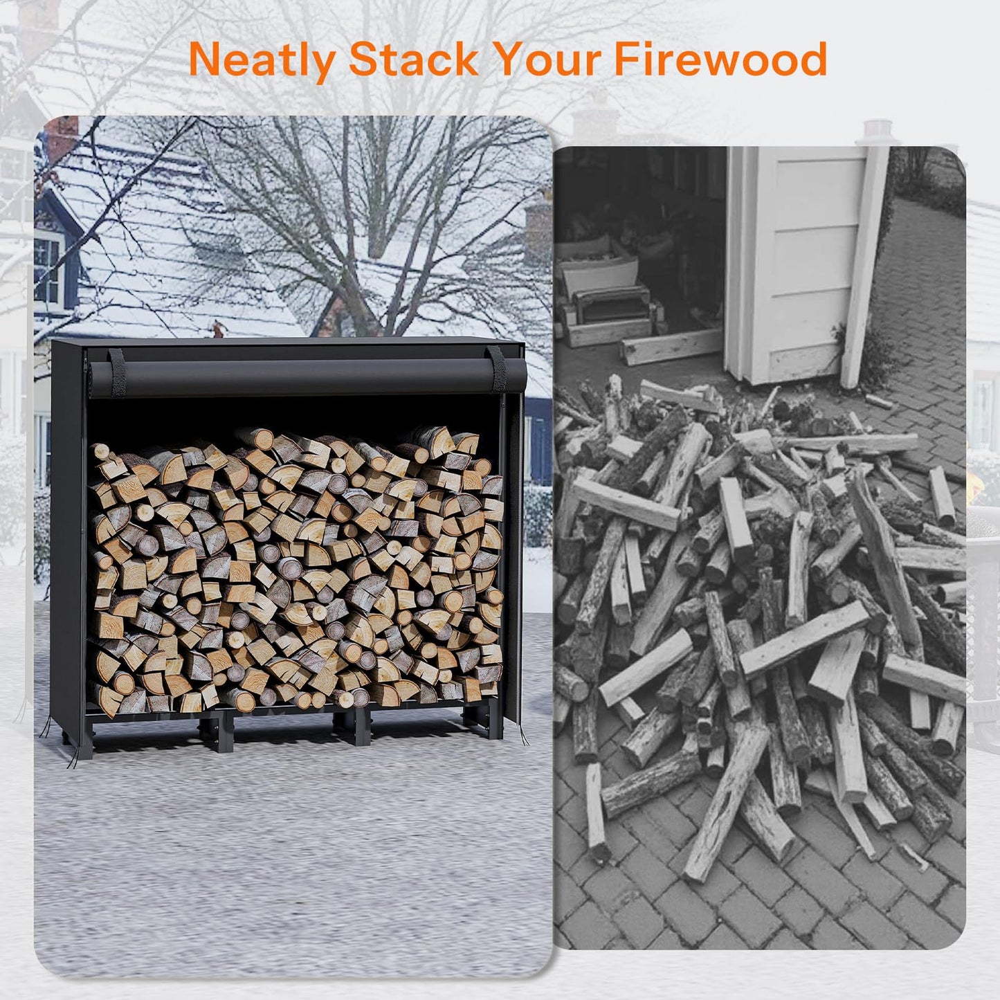 HOOBRO 4FT Firewood Rack with Cover, Outdoor Firewood Log Rack, Adjustable Log Holder with Waterproof Cover, Fireplace Wood Storage, Heavy Duty Wood Holder, for Indoor and Outdoor, Black BB01CH02
