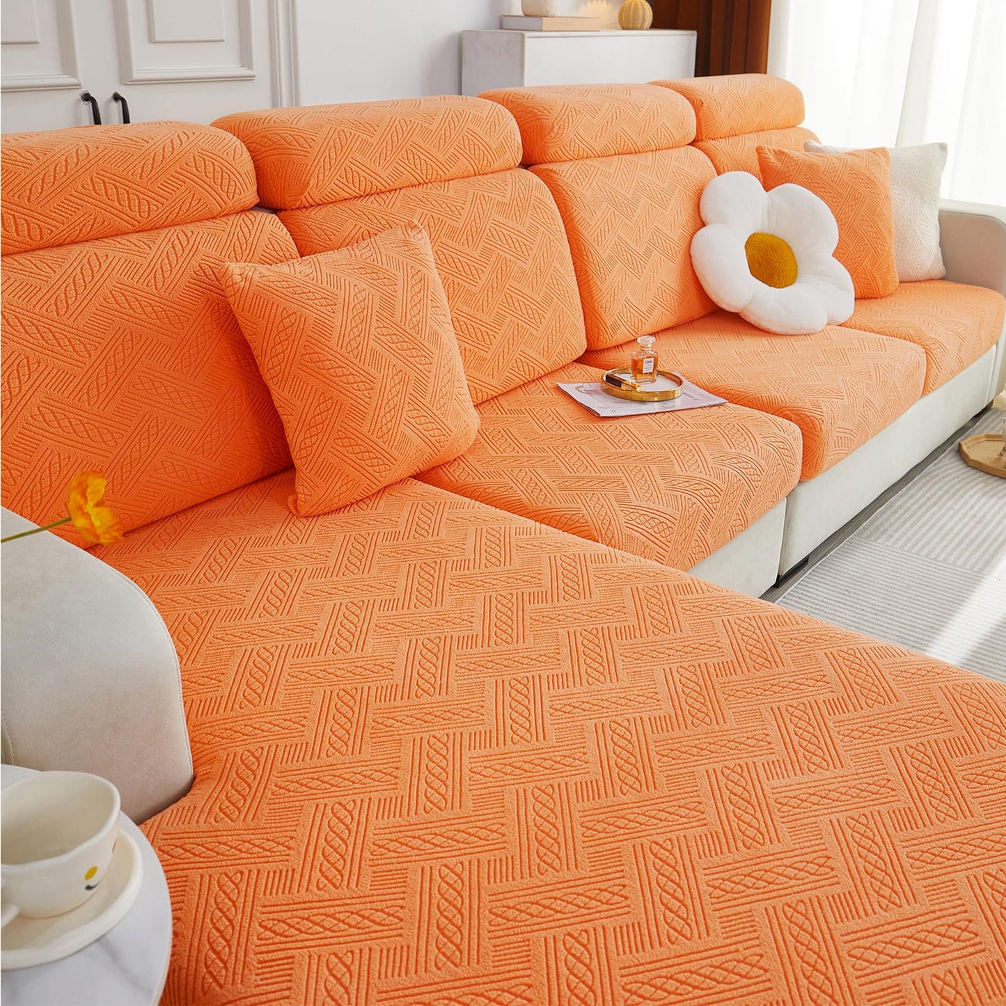 hyha Individual Couch Cushion Covers, Stretch Magic Sofa Seat Cushion Covers Washable, Dog Couch Sofa Slipcover for Pets, Kid with Elastic Bottom(Medium, Orange)