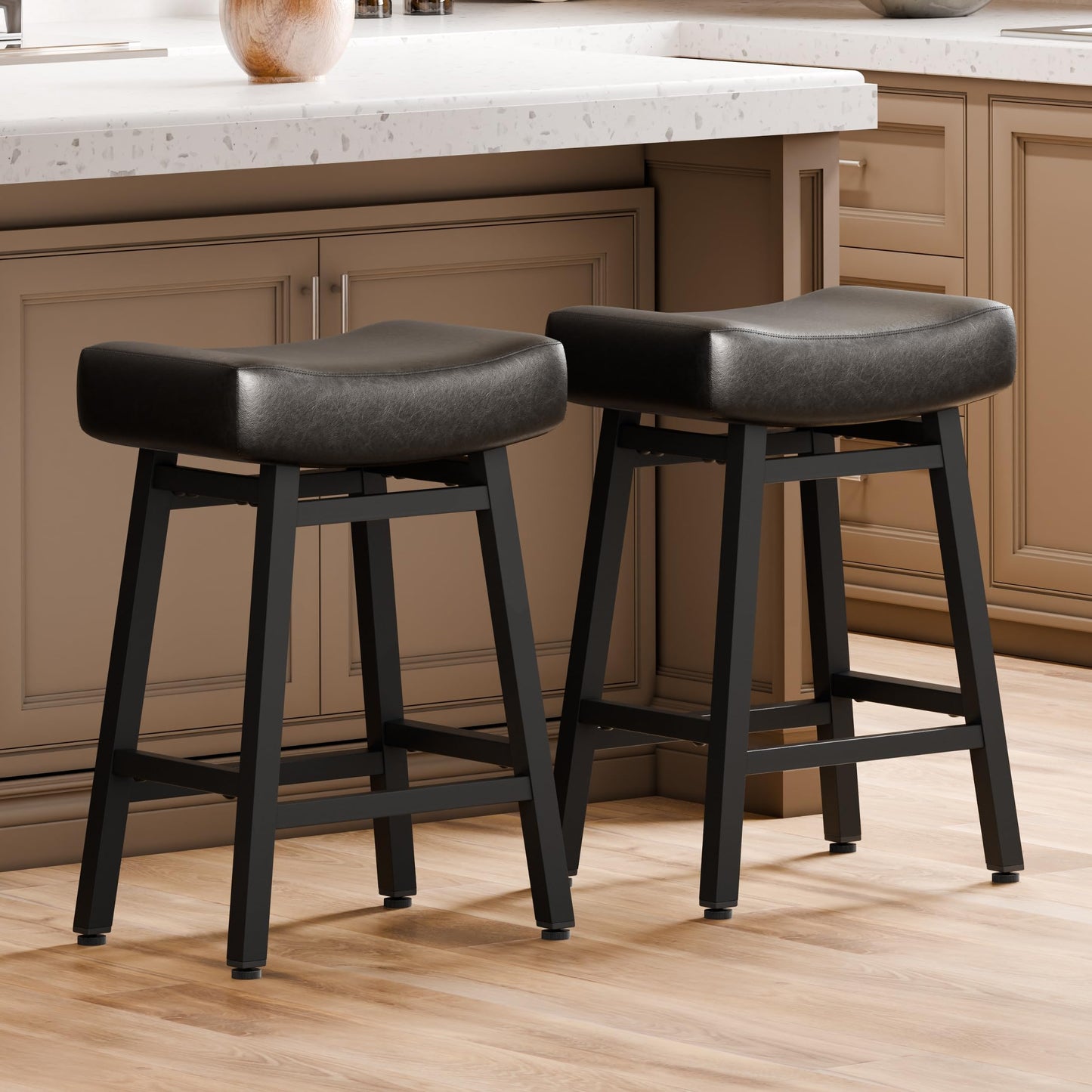 LONXIU Counter Height Bar Stools Set of 2, 24 Inch Backless BarStools for Kitchen Island Leather Saddle Bar Chairs Kitchen Stools with 4" Thick Seats & Heavy Duty Metal Base, Black