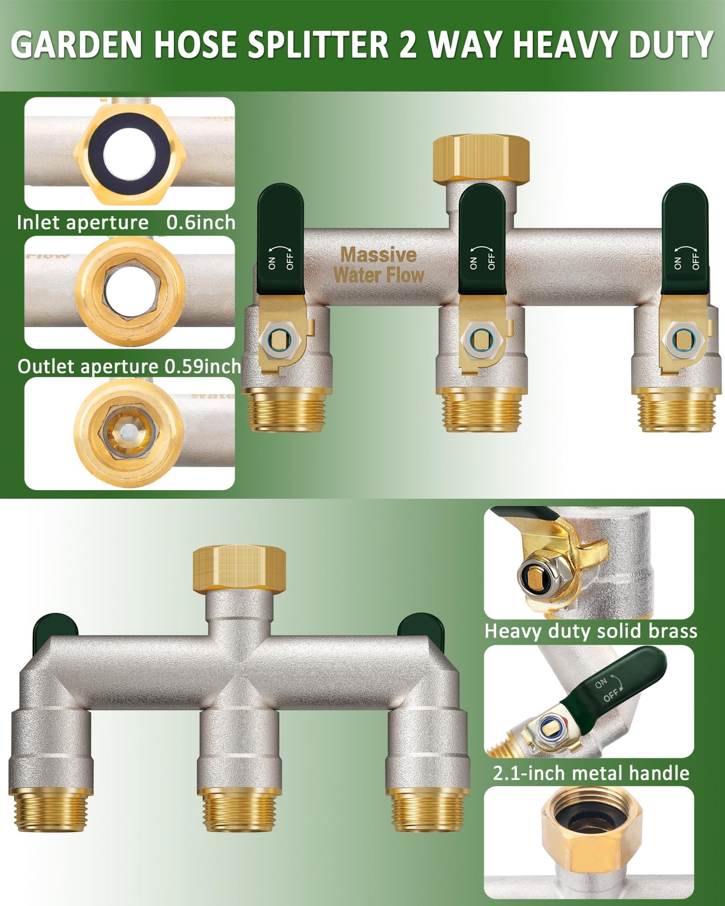 Garden Hose Splitter 3 Way Heavy Duty Brass Nickel Plated Hose Splitter with Large Handle, Full Flow Water Hose Spigot Splitter with Shutoff Valve, T Adapter Connector, 3/4 - Inch GHT Thread（Green）