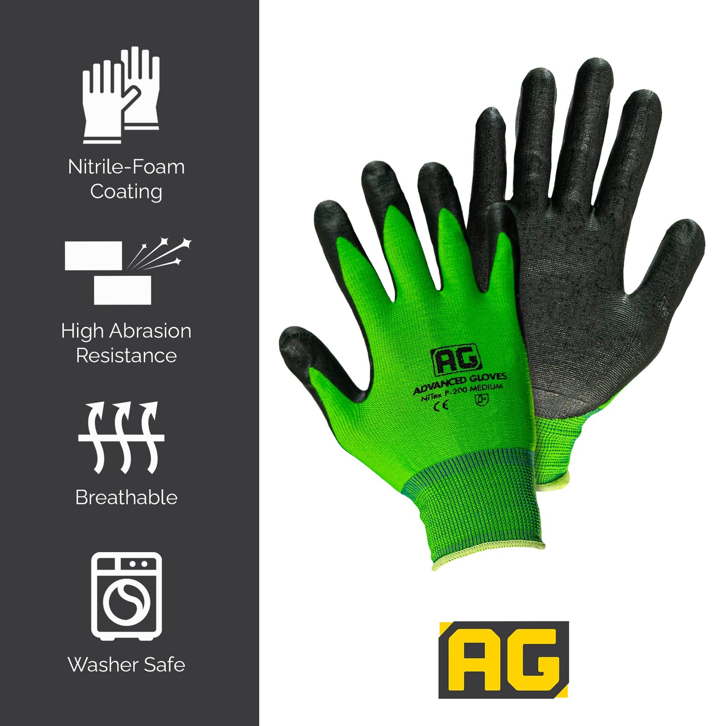 ADVANCED GLOVES – NiTex P-12 Nylon Nitrile Gloves, Breathable Nitrile Foam Coated Utility Gloves for Insulated Grip, Green, 6-Pair, Large