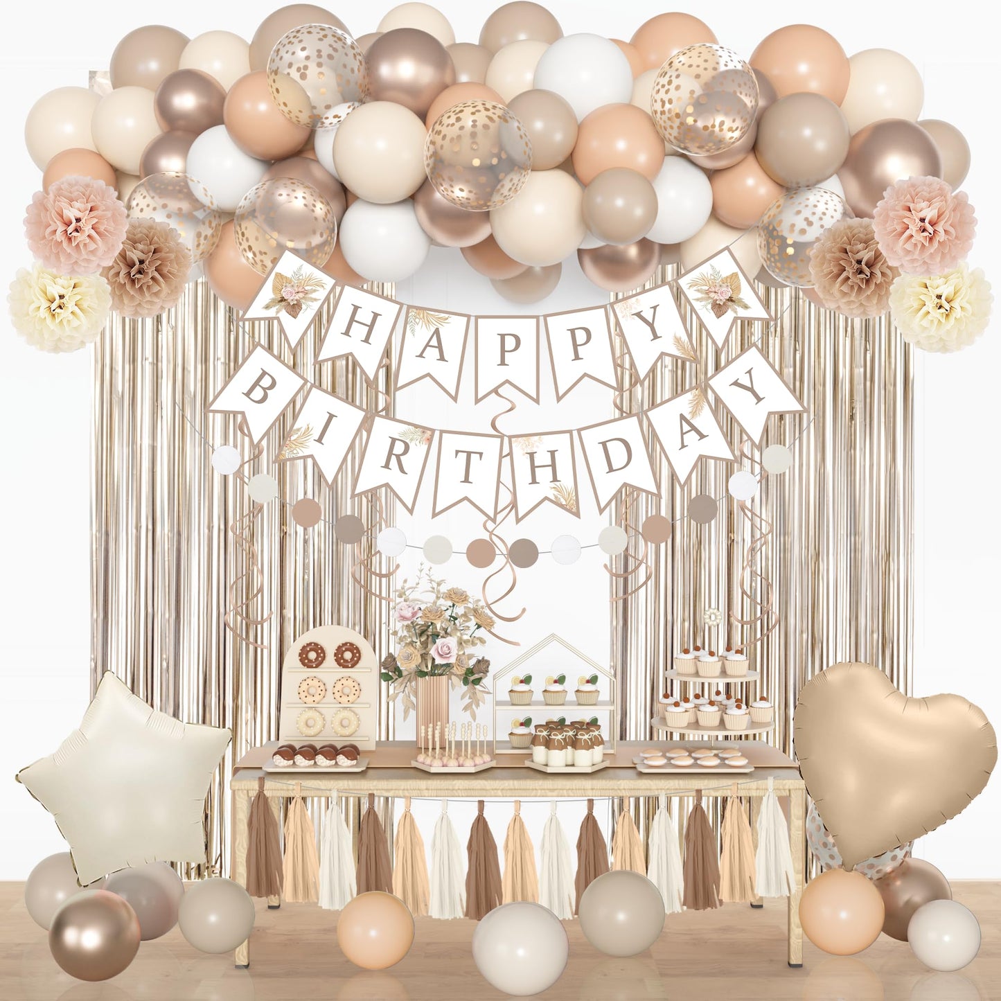 Birthday Decorations for Women, Beige Cream Neutral White Sand Confetti Balloons Boho Happy Birthday Banner Fringe Curtains Hanging Swirls Circle Dots Tassels Pompoms Women Girls Party Supplies