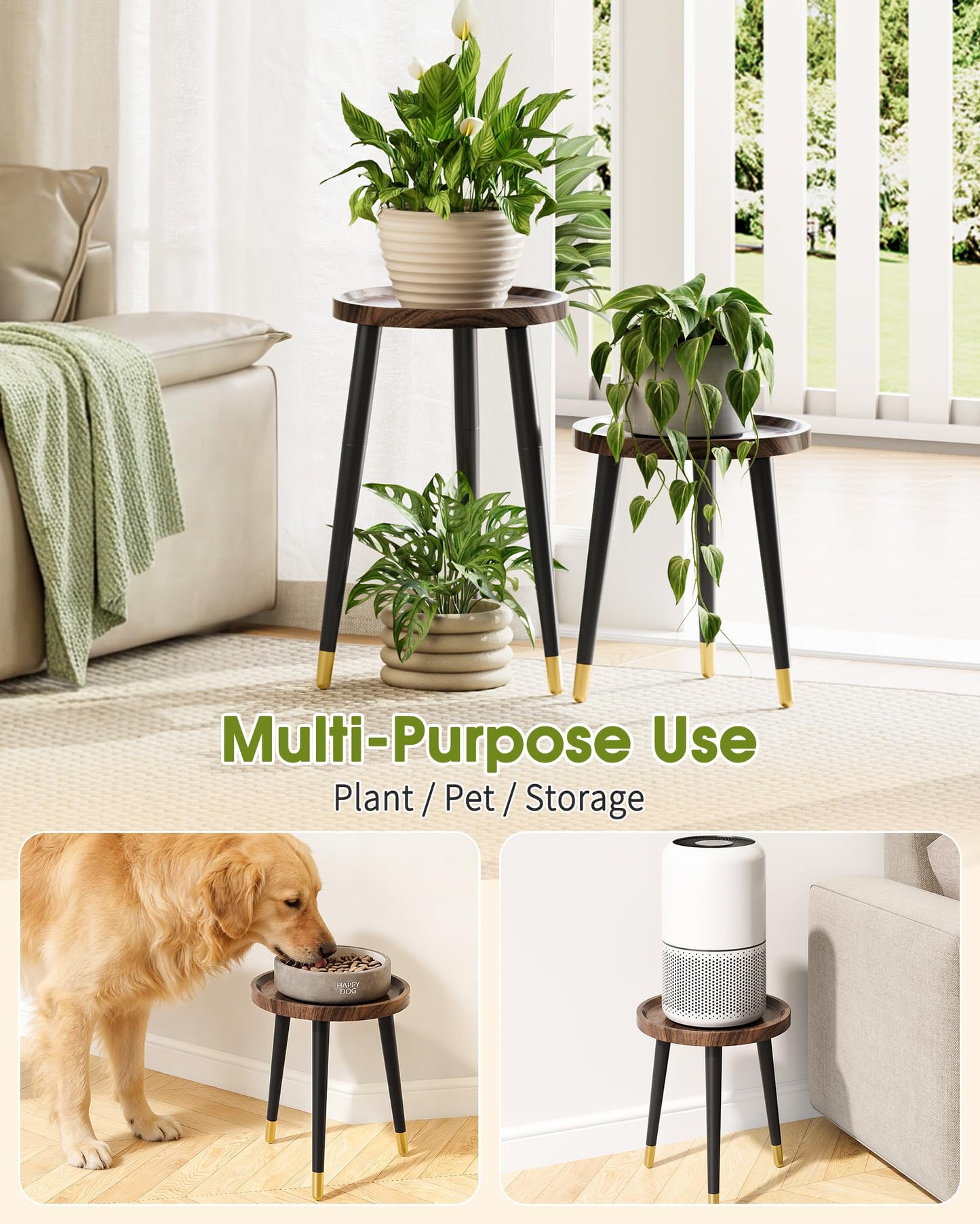 AZADESJET Plant Stand Indoor 2 Pack, Wood Mid Century Indoor Plant Stand, Tall Plant Stands for Flower Pot, Modern Plant Table, Small Side End Table With Raised Design, Walnut, 11.7"x18.8" & 11.7"x13"