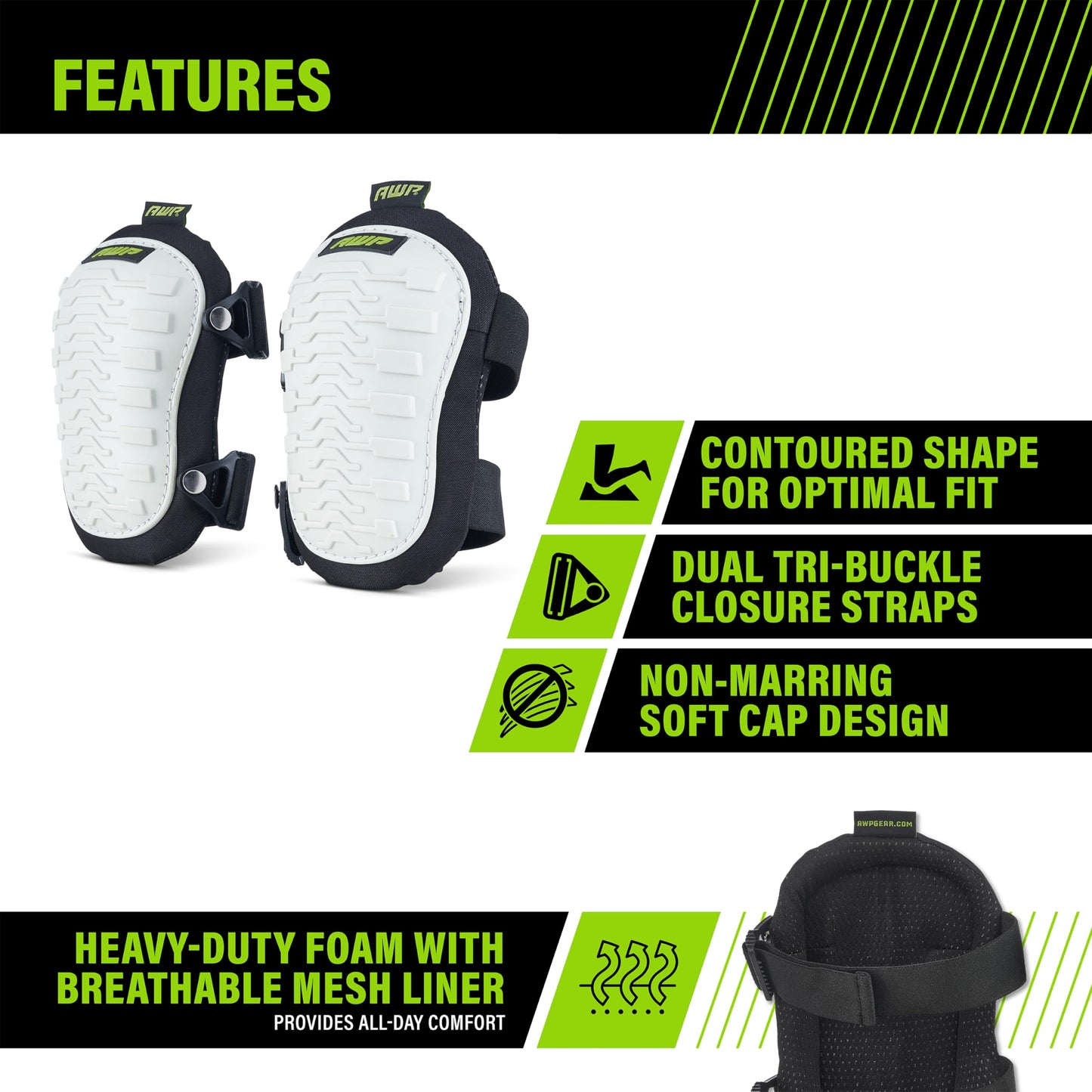 AWP Non-Marring Knee Pads with Heavy Duty Foam Padding for Sub-Floor/Underlayment and Tile, Knee Pads with Breathable Air-Mesh Interior for All-Day Support & Stability, One Size | 1L-324-1