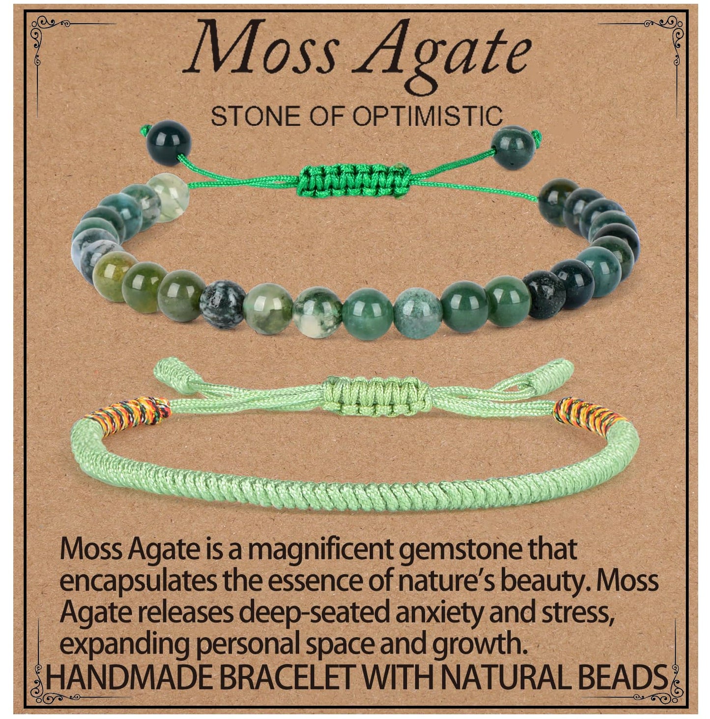 LPBeads 6mm Moss Agate Bracelet with Handmade Rope Bracelet Size Adjustable Natural Stone Crystal Healing Bracelets Gifts for Unisex Adults