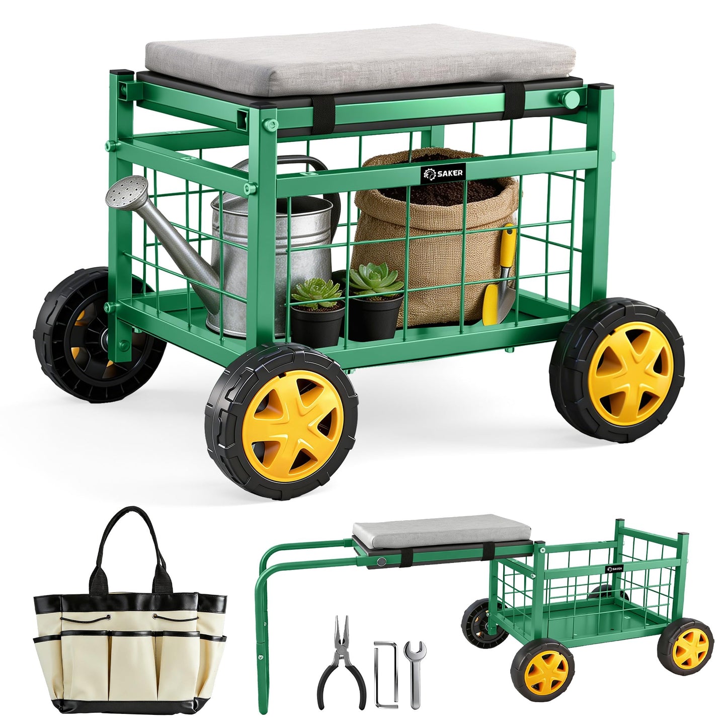 Saker Rolling Garden Cart with Seat & Wheels - 15.7'' EVA Padded Rolling Stool, 500 lb Steel Frame, Large Storage Basket - Garden Wagon Workseat for Patio Lawn Yard (Luxury Version)