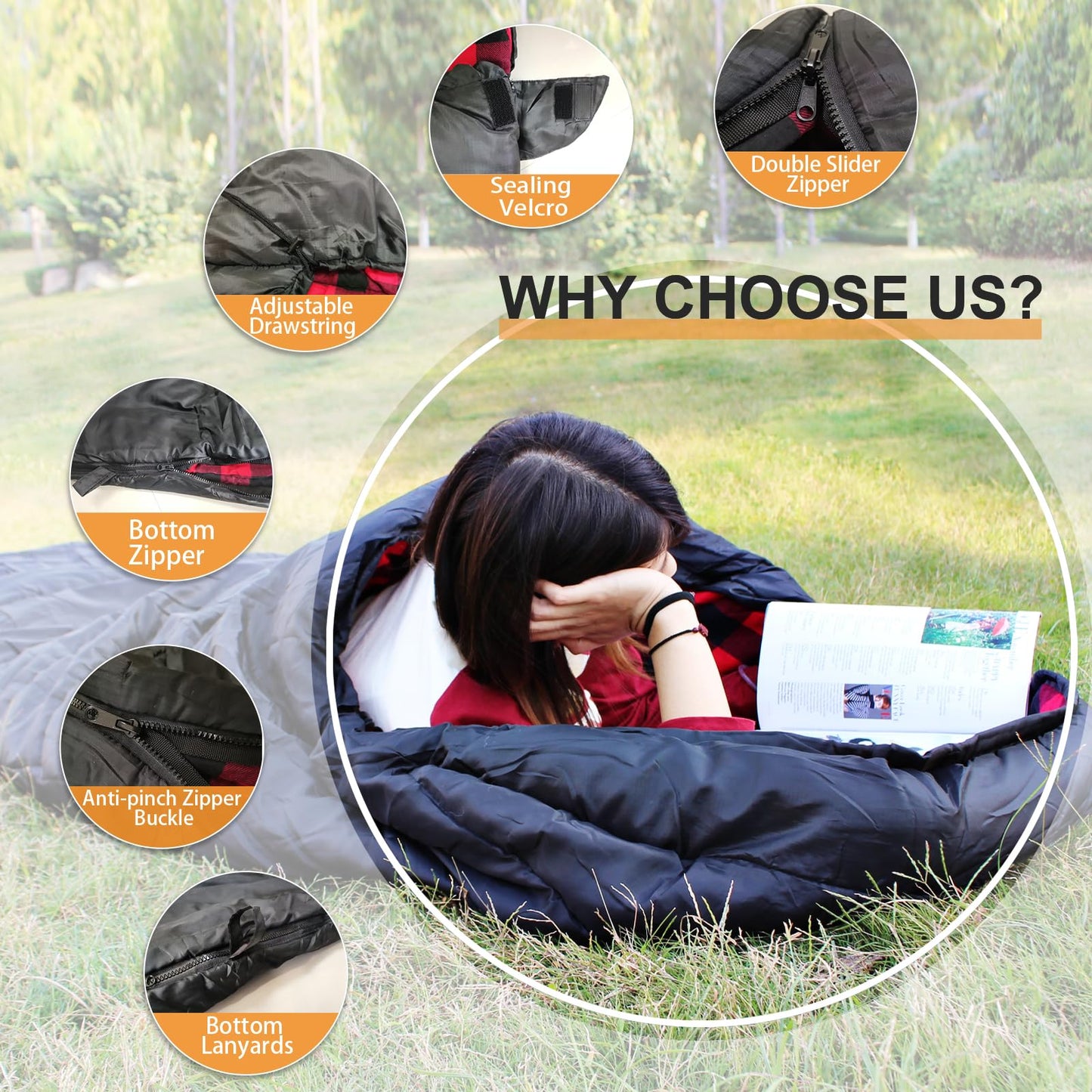 POEPORE 0 Degree Sleeping Bag 100% Cotton Flannel XXL Cold Weather Winter Oversized Sleeping Bag for Adults Camping Zero Degree Big and Tall with Compression Sack