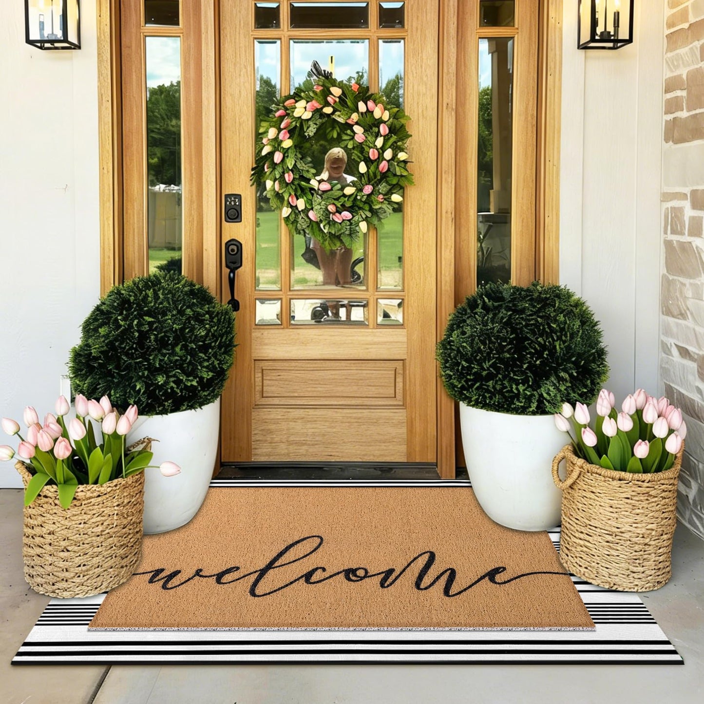 Tinideya 2 Pcs Door Mat Welcome Non Slip Coir Mats Floor Layering Doormats Seasonal for Front Porch Entryway Decor(Welcome)