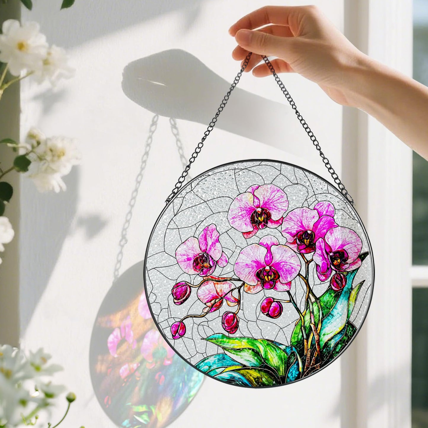 8-Inch Stained Glass Ornament, Stained Glass Window Hanging, Window Hanging Decor Suncatcher, Orchid Flower Ornament | Christmas, Mother's Day, Birthday | Gifts for Mom & Grandma, Flower Lover Gift
