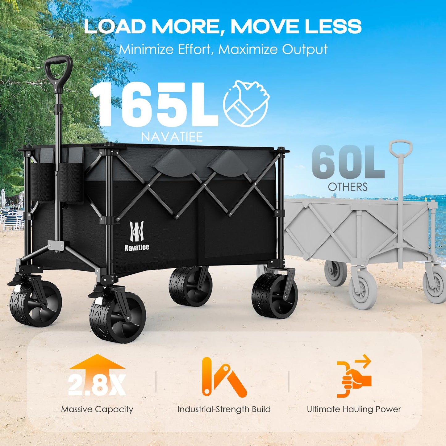 Navatiee 330Lbs Collapsible Folding Wagon, Beach Wagon Cart Heavy Duty Foldable with Big Wheels, Utility Grocery Wagon with 165L Large Capacity for Camping Garden Sports, Black