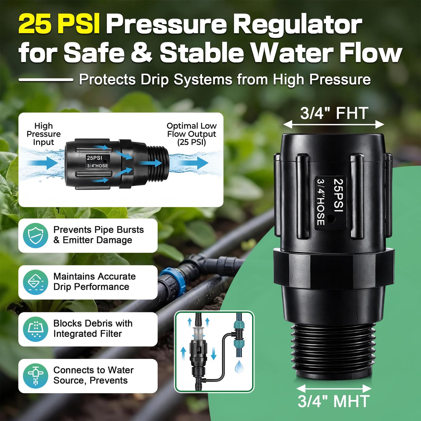6 Pcs Drip Irrigation Kit, Included 2 Way Y Water Splitter Connector, 2 Pcs 25 PSI Garden Hose Pressure Regulator and 2 Pc 1/4 Inch Irrigation Tubing Hose Adapter for Drip Irrigate System