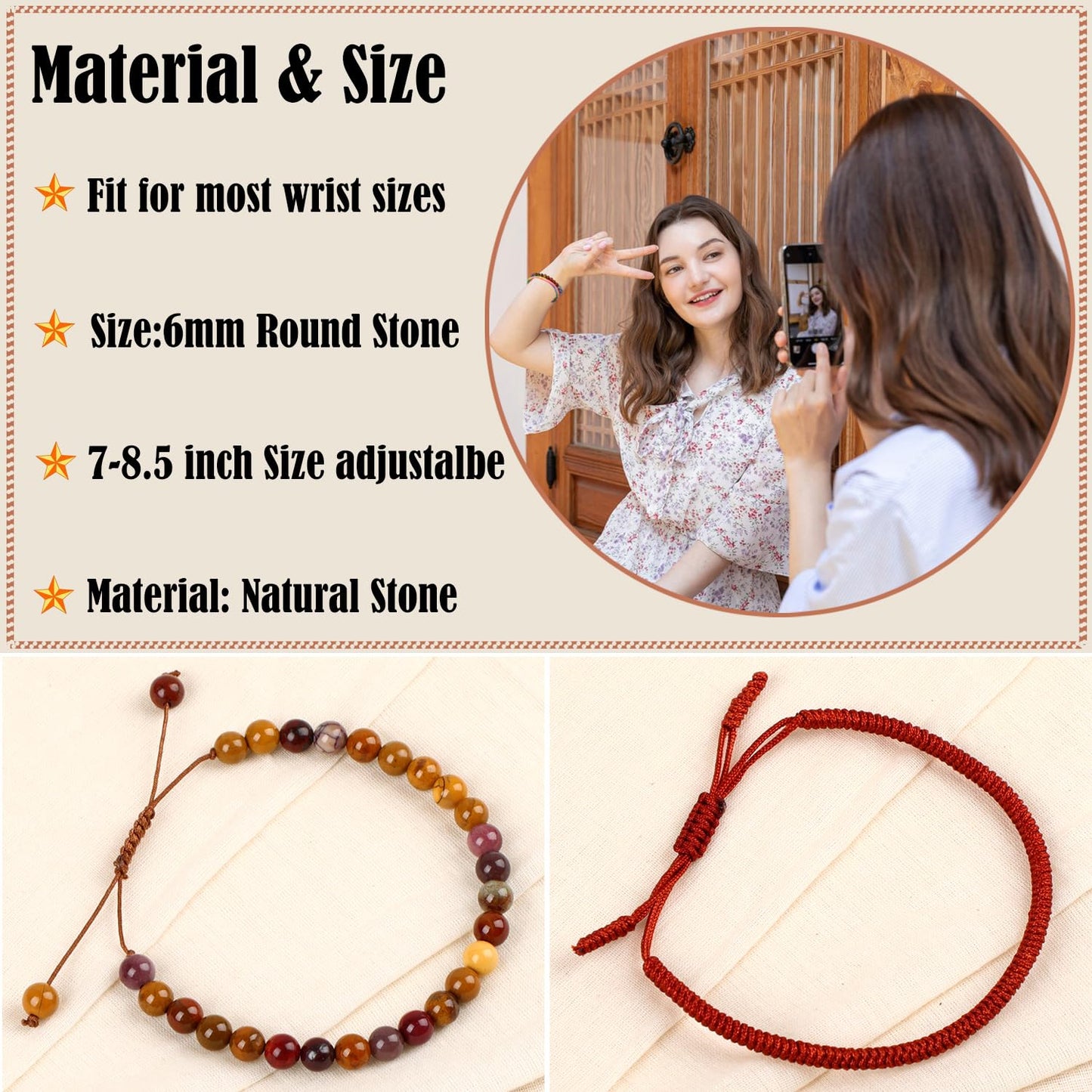 LPBeads 6mm Moukaite Jasper Bracelet with Handmade Rope Bracelet Size Adjustable Natural Stone Crystal Healing Bracelets Gifts for Unisex Adults