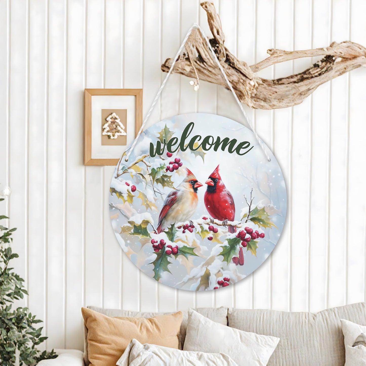 1 Pcs Winter Welcome Cardinal Bird Front Door Sign, Christmas Cardinal Bird Round Hanging Sign, Twig Berry Snow Outdoor Porch Home Wall Patio Garden Farmhouse Holiday Decor, 11 x 11 inches