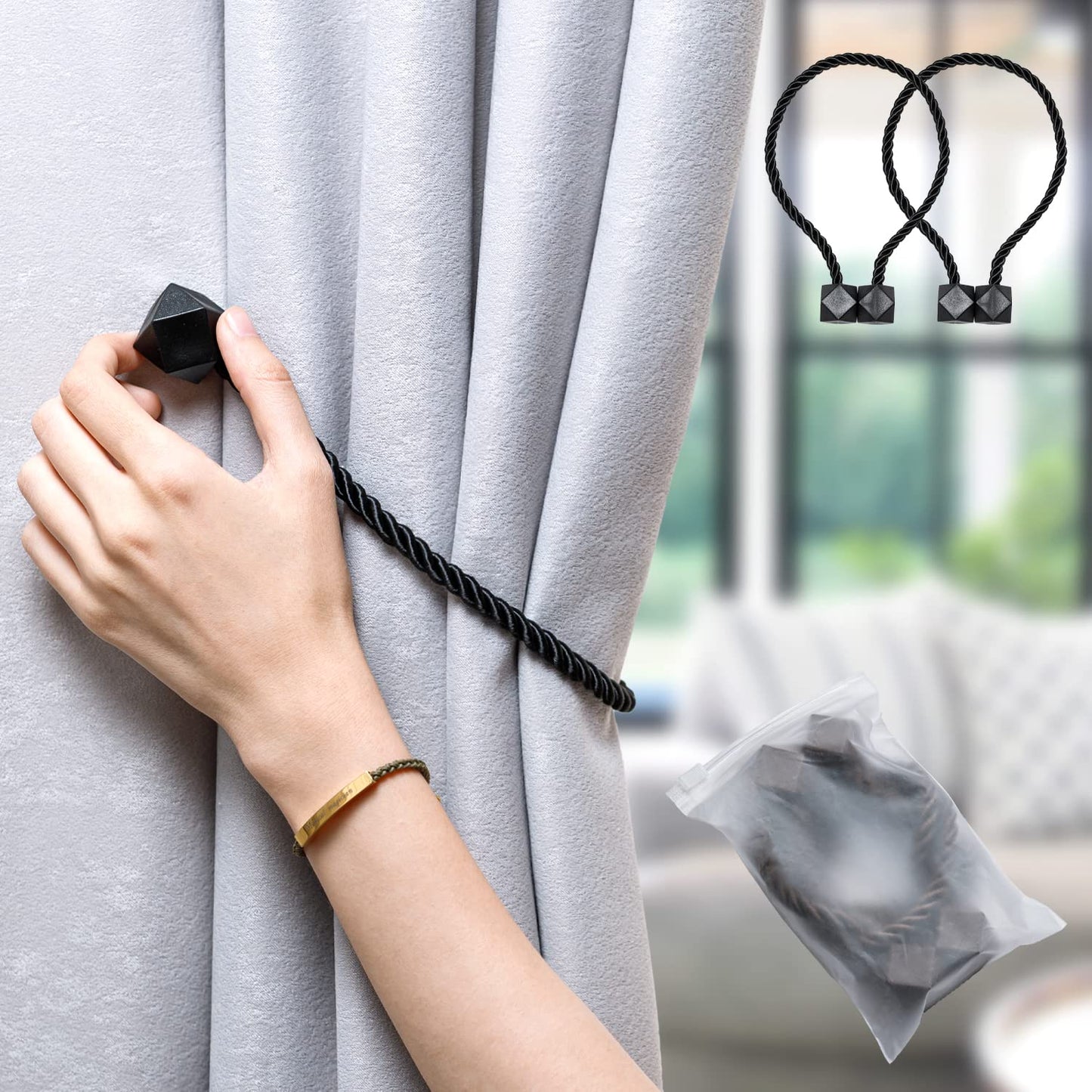NazTur Magnetic Curtain Tiebacks- Upgrade 2022 with a Thicker Twist Rope & Strong Magnet Tieback Window Treatment Holdbacks Draperies Holders Decorative Drape Handmade Tie Back (Black, 2)