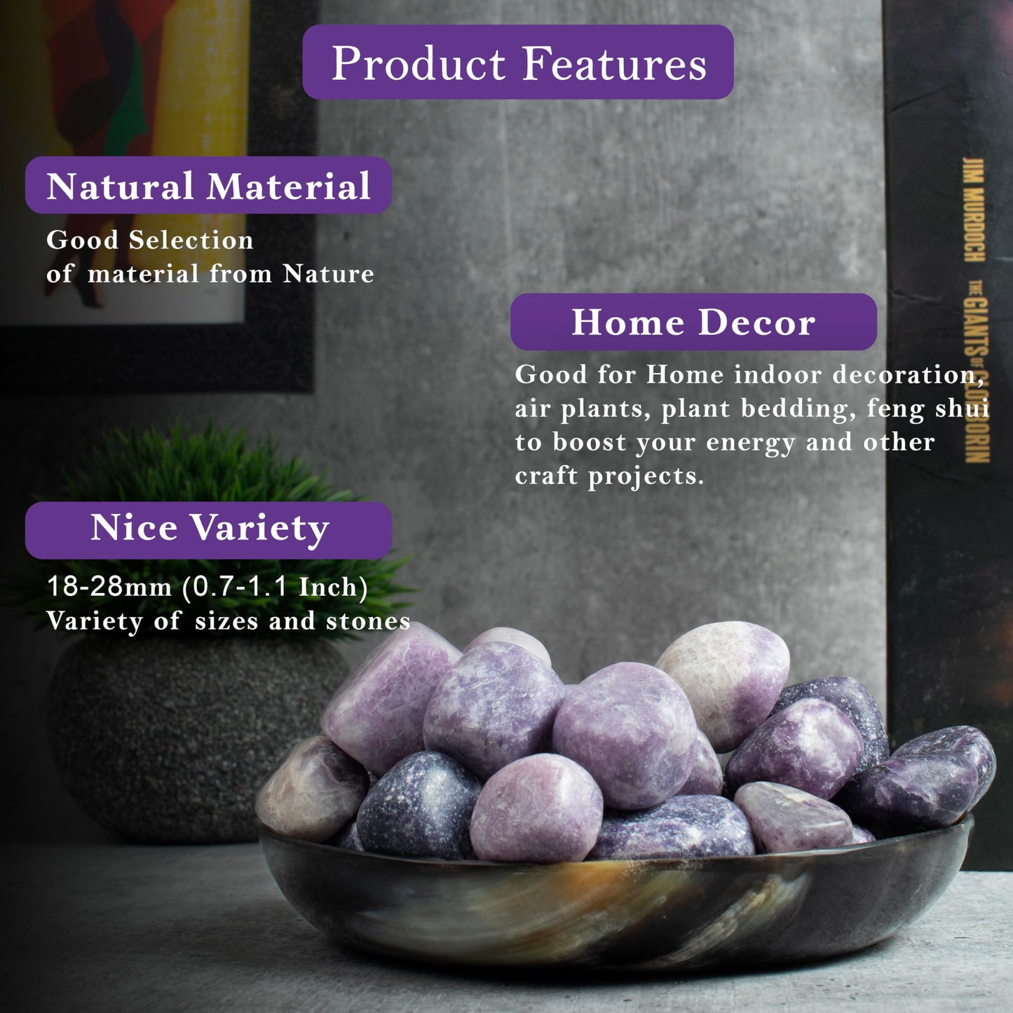 Crocon 1LB Lepidolite Tumbled Stones and Crystals bulk 2000+ Carats - Polished Stones - Rock Collection - vase Filler tumbles - Crystals Healing Reiki - Gemstone Gifts - Fountain tumbles | 20-25 mm,