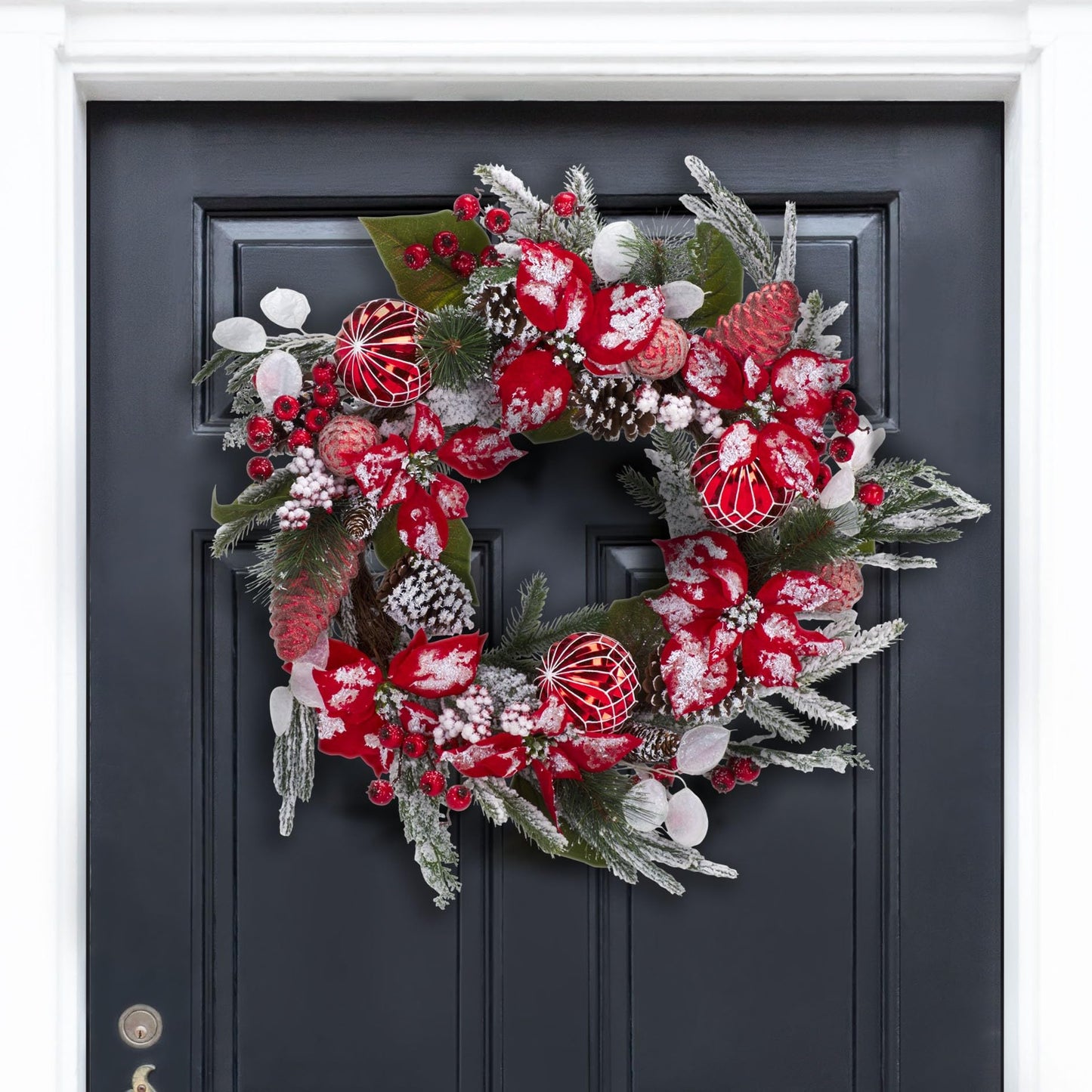 SAFAVIEH Home Collection - 28" Faux Snowy Needle Pine Wreath with Red Poinsettias, Ornaments & Pinecones (FXP1032A)