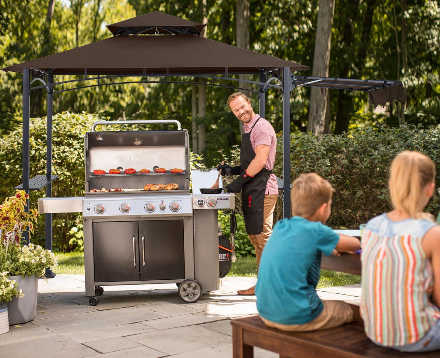 ABCCANOPY Grill Gazebo with Extra Awning - 11x5 Outdoor BBQ Canopy Shelter with 2 Led Lights for Patio Backyard Grilling (Coffee)
