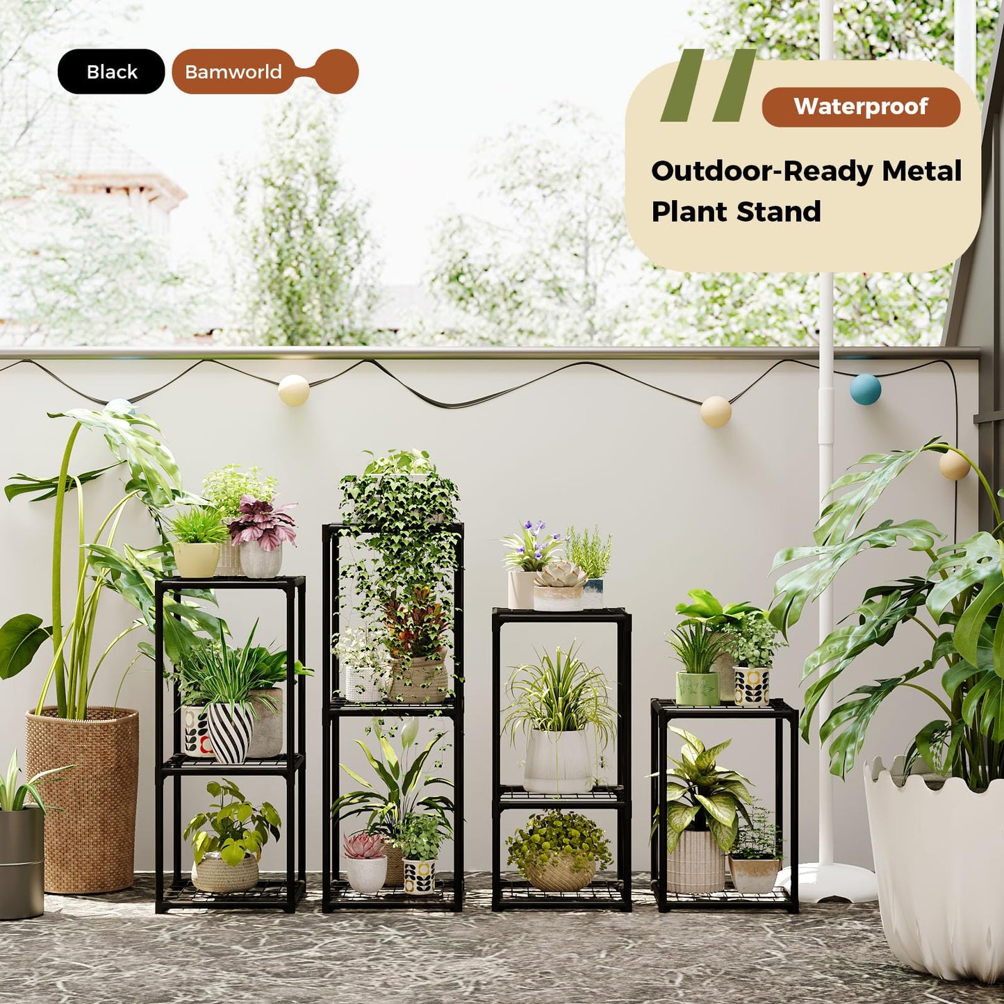 Bamworld Plant Stands Indoor 4 Sets Plant Shelves Outdoor Metal Plant Holder for Multiple Plants Flower Stands for Living Room Balcony Garden Patio Lawn Window Black