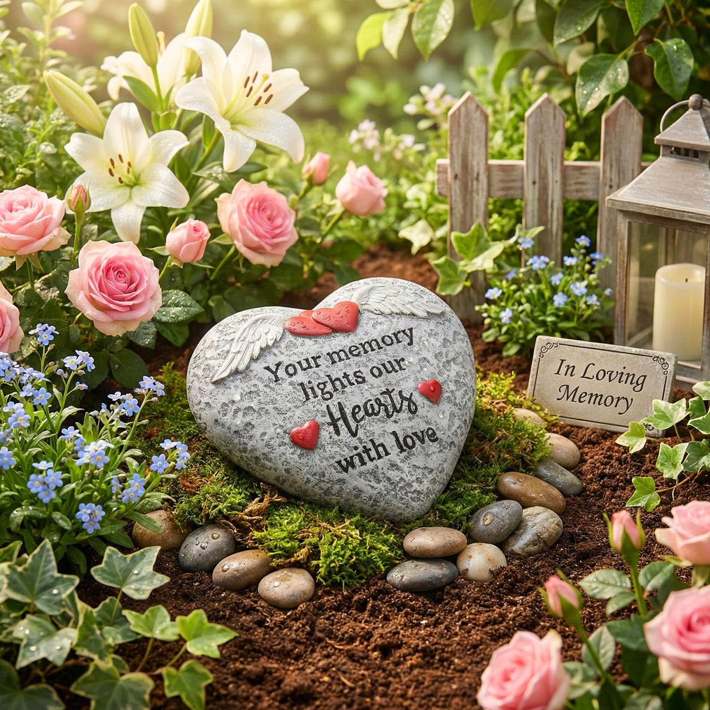 pechpell Memorial Garden Stones, Heart Shaped Resin Angel Wings Garden Stones In Memory of Loved Ones Remembrance Plaque, Bereavement Gift Outdoor Pet Cat Dog Funeral Grave Marker Cemetery Patio Decor